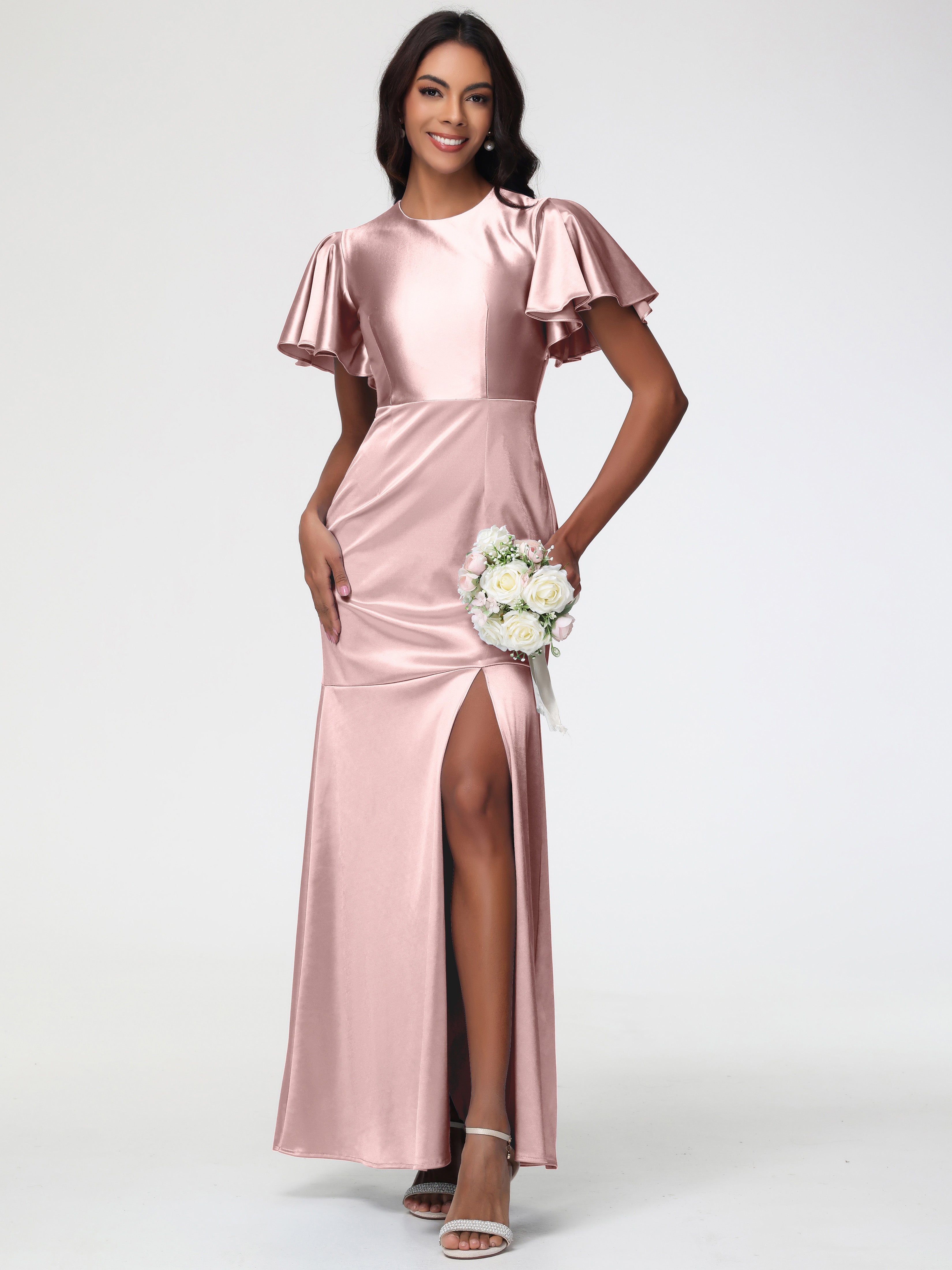 Robe Longue Demoiselle D Honneur Rose Poudré Col Rond Mancherons À Volants Satin Extensible Robe Fourreau Demoiselle D Honneur