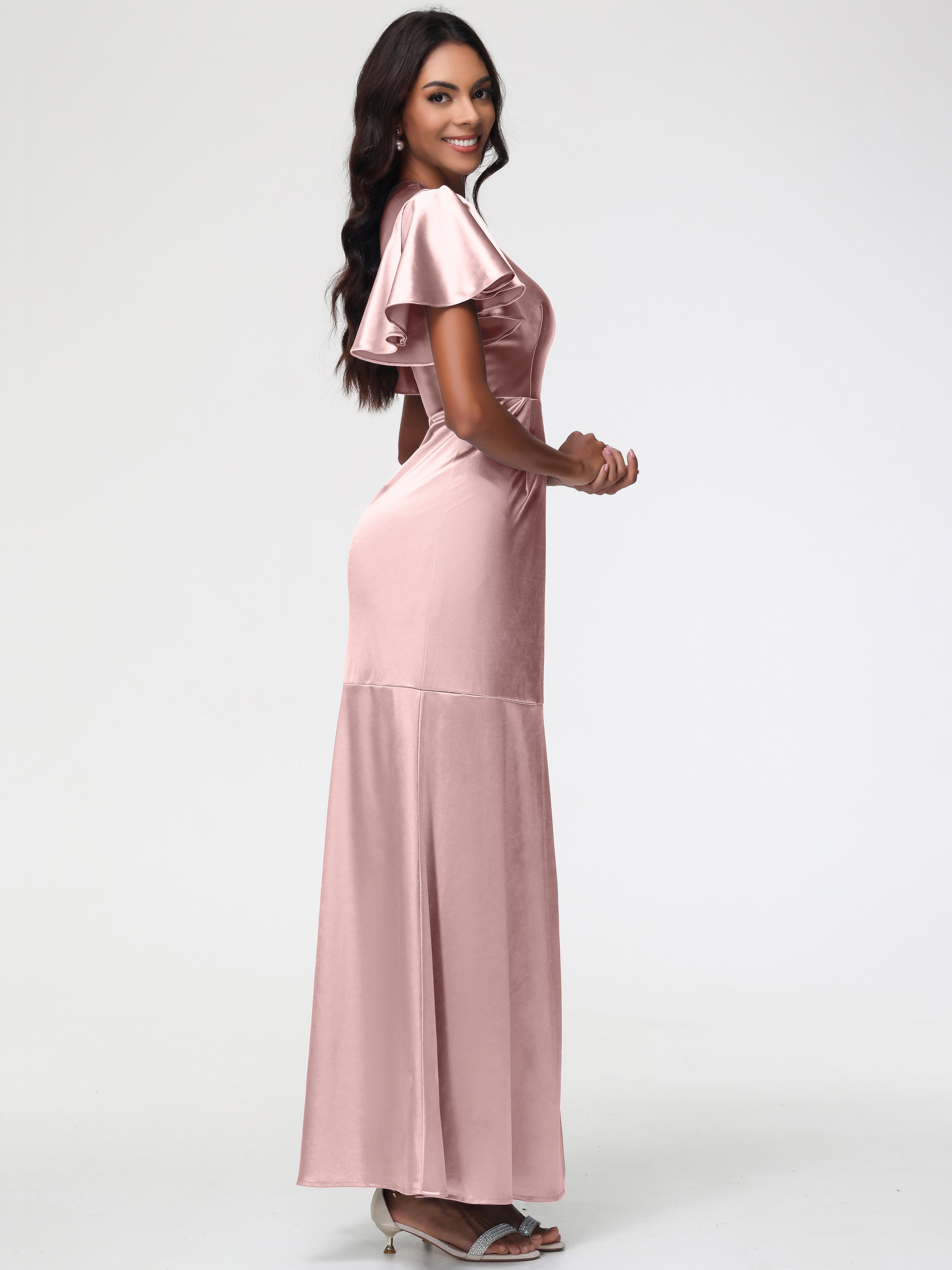 Robe Longue Demoiselle D Honneur Rose Poudré Col Rond Mancherons À Volants Satin Extensible Robe Fourreau Demoiselle D Honneur