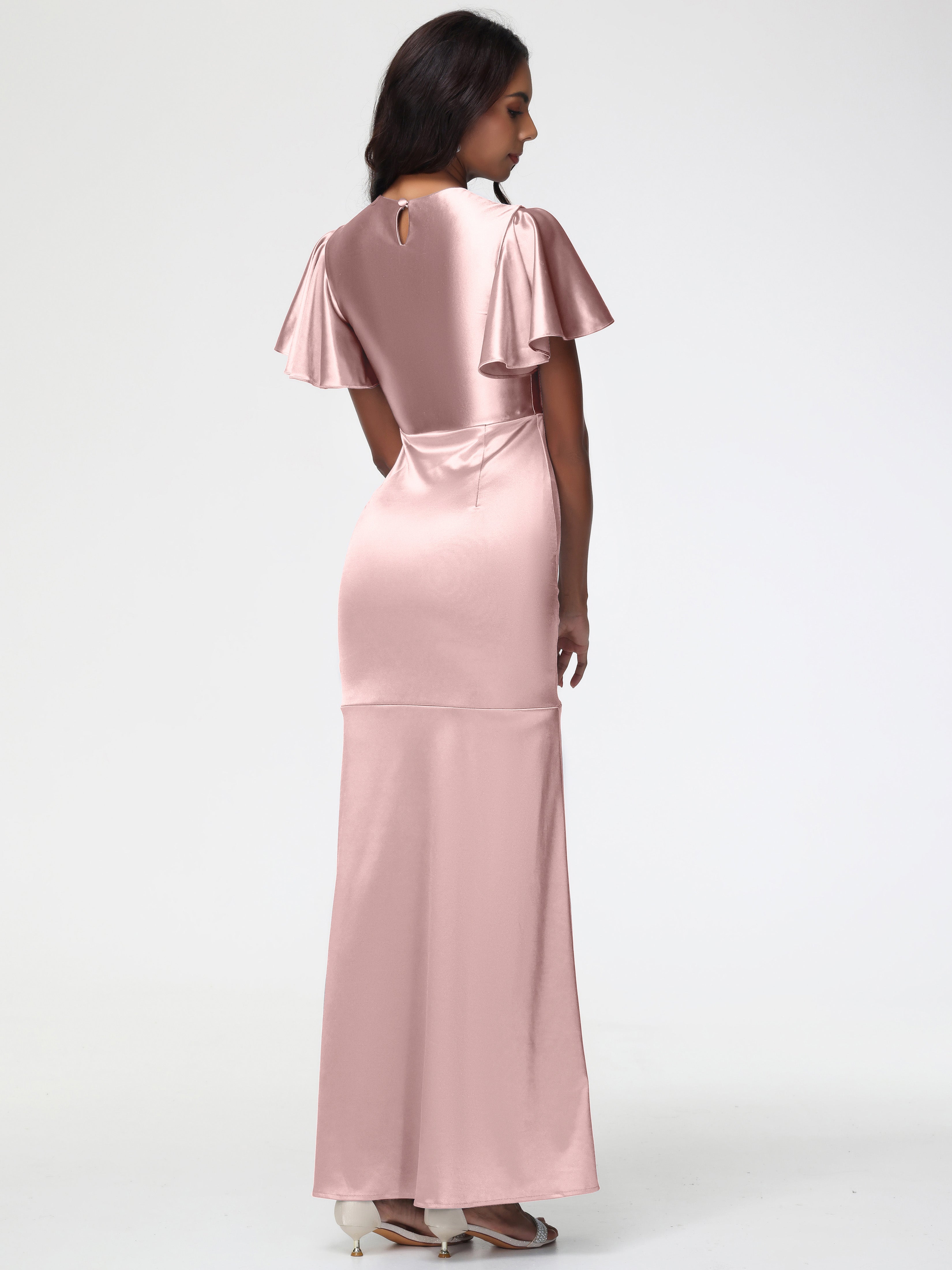 Robe Longue Demoiselle D Honneur Rose Poudré Col Rond Mancherons À Volants Satin Extensible Robe Fourreau Demoiselle D Honneur