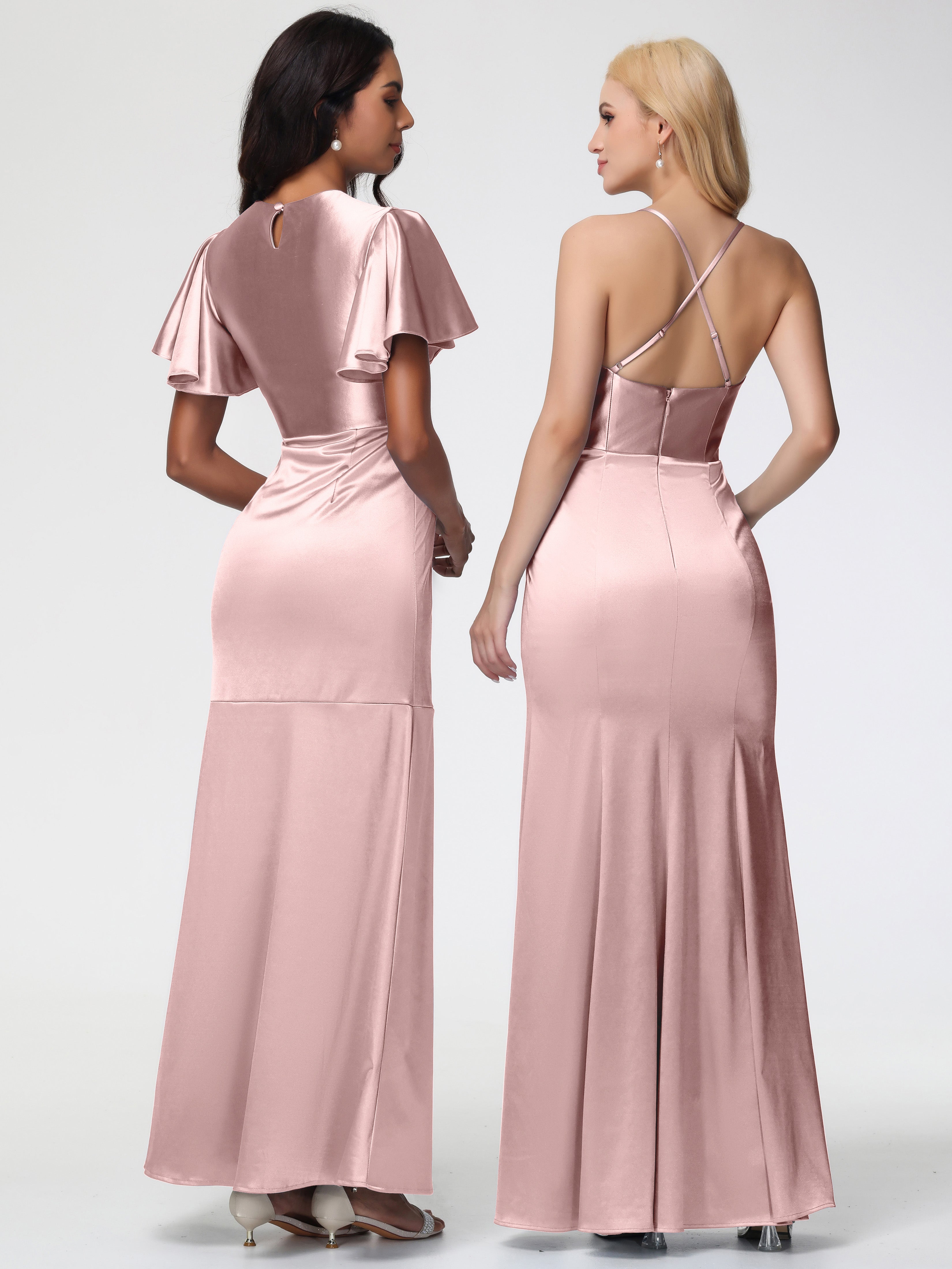 Robe Longue Demoiselle D Honneur Rose Poudré Col Rond Mancherons À Volants Satin Extensible Robe Fourreau Demoiselle D Honneur