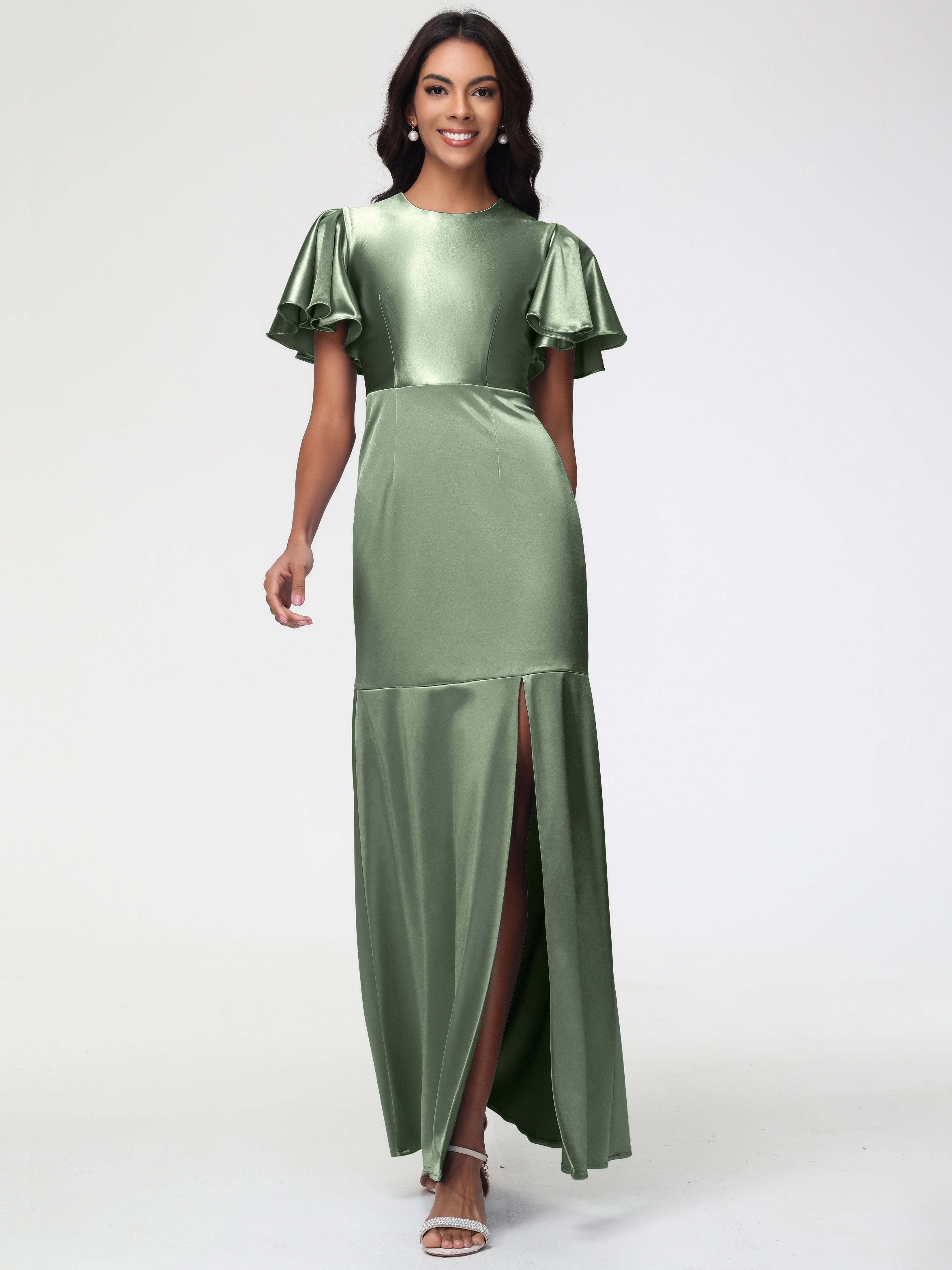 Demoiselle D'Honneur De Sauge Poussiéreuse Col Rond Mancherons À Volants Satin Extensible Robe Fourreau Demoiselle D Honneur