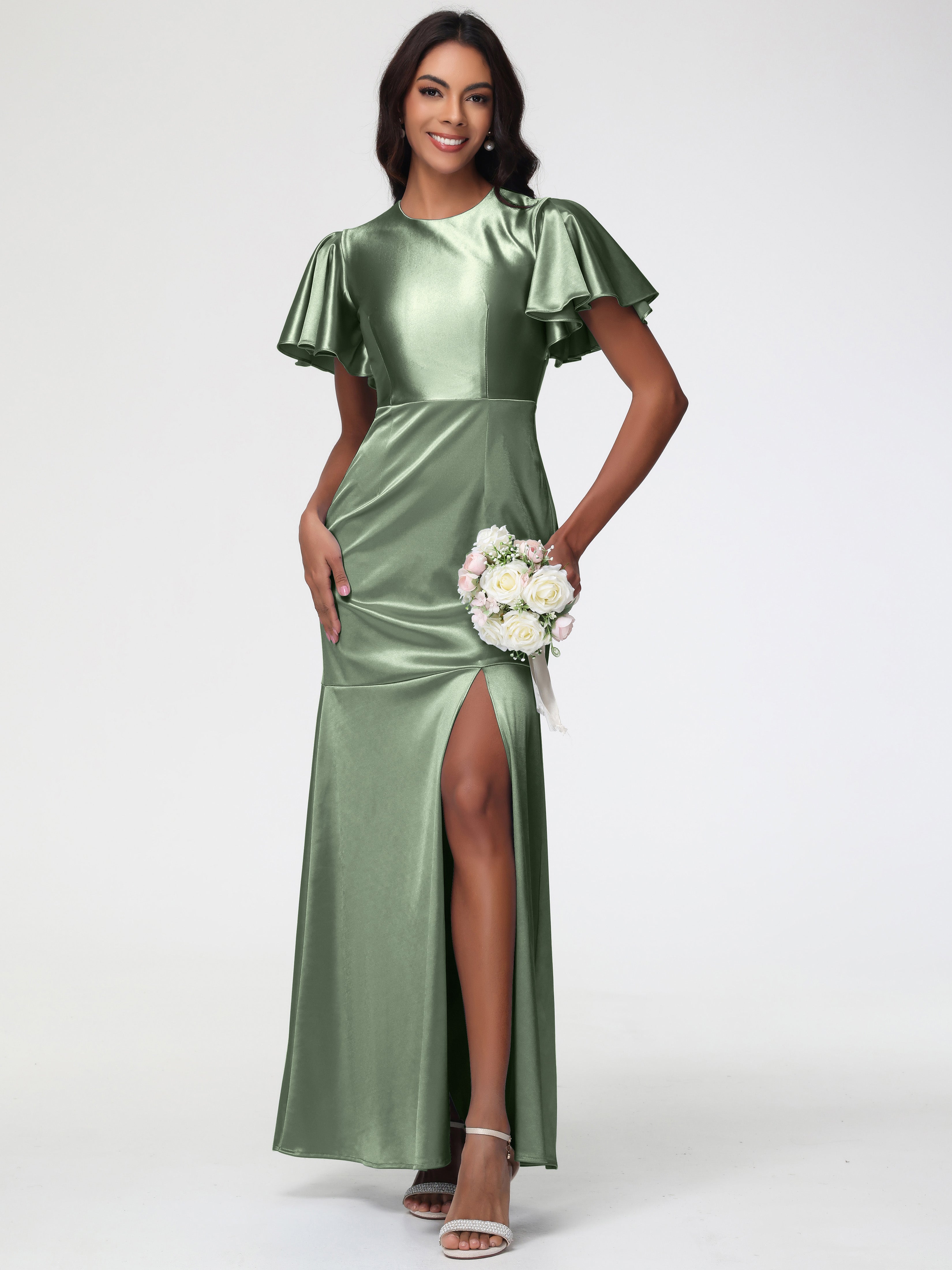 Demoiselle D'Honneur De Sauge Poussiéreuse Col Rond Mancherons À Volants Satin Extensible Robe Fourreau Demoiselle D Honneur