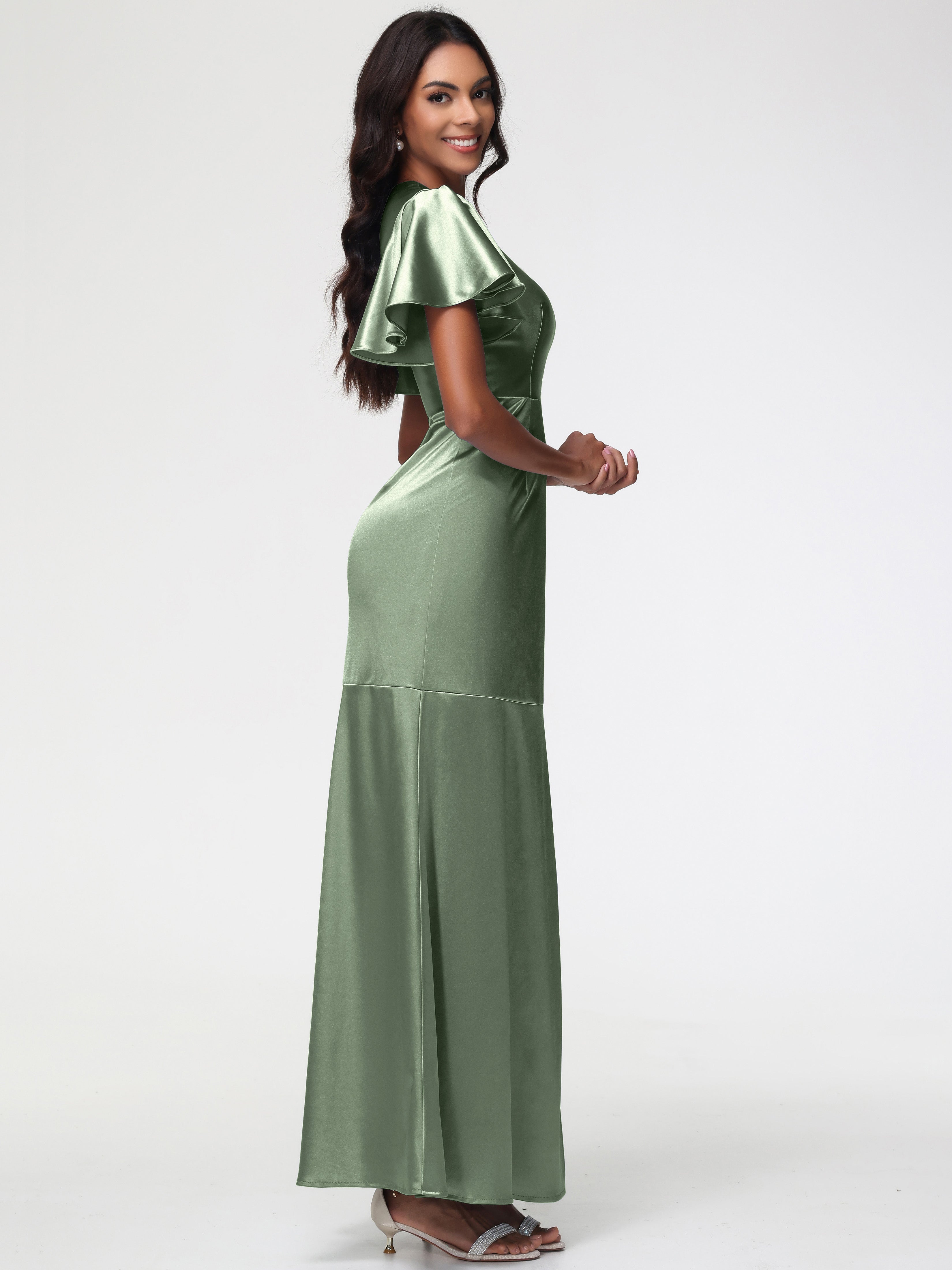 Demoiselle D'Honneur De Sauge Poussiéreuse Col Rond Mancherons À Volants Satin Extensible Robe Fourreau Demoiselle D Honneur