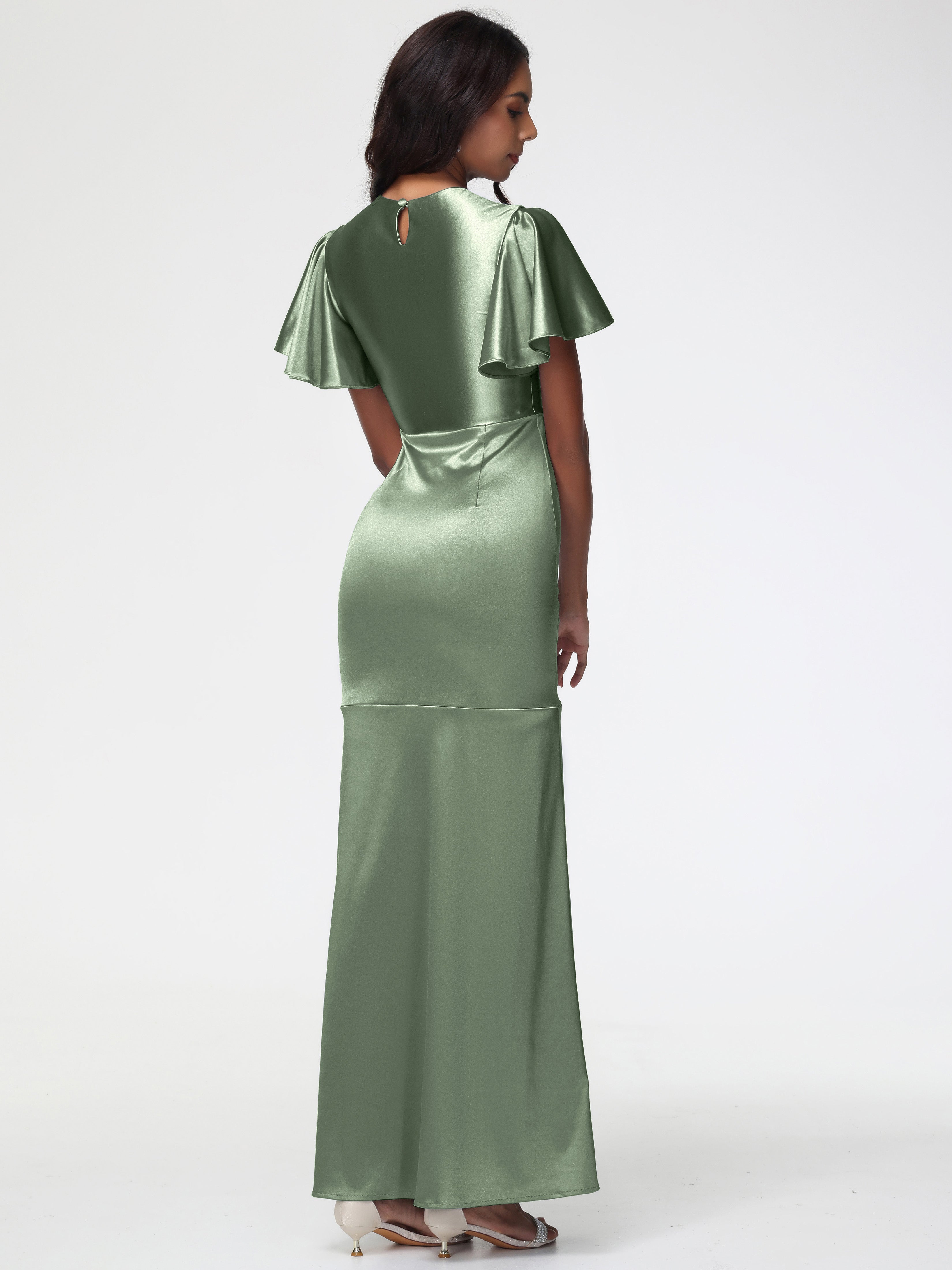 Demoiselle D'Honneur De Sauge Poussiéreuse Col Rond Mancherons À Volants Satin Extensible Robe Fourreau Demoiselle D Honneur