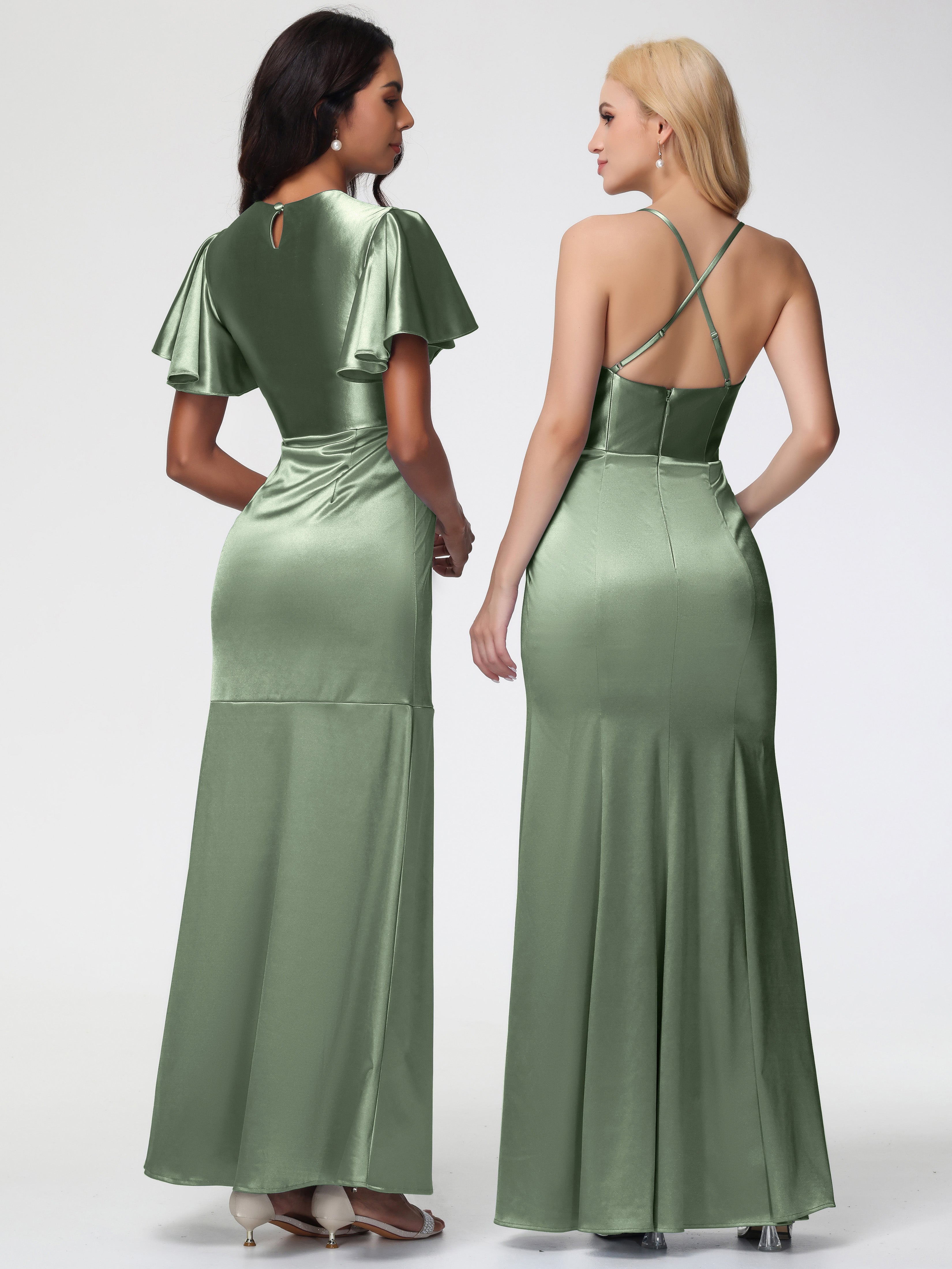 Demoiselle D'Honneur De Sauge Poussiéreuse Col Rond Mancherons À Volants Satin Extensible Robe Fourreau Demoiselle D Honneur