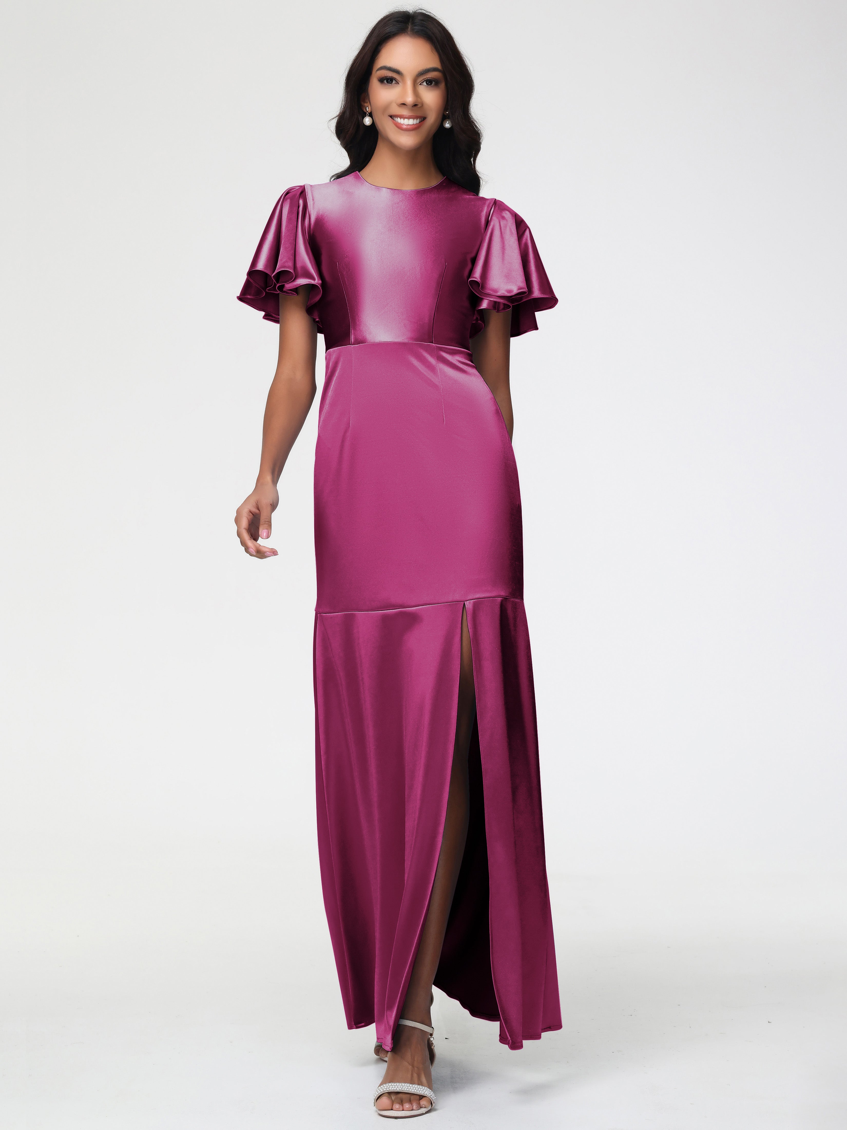 Robes De Demoiselle D'Honneur Couleur Fuchsia Rose Col Rond Mancherons À Volants Satin Extensible Robe Fourreau Demoiselle D Honneur