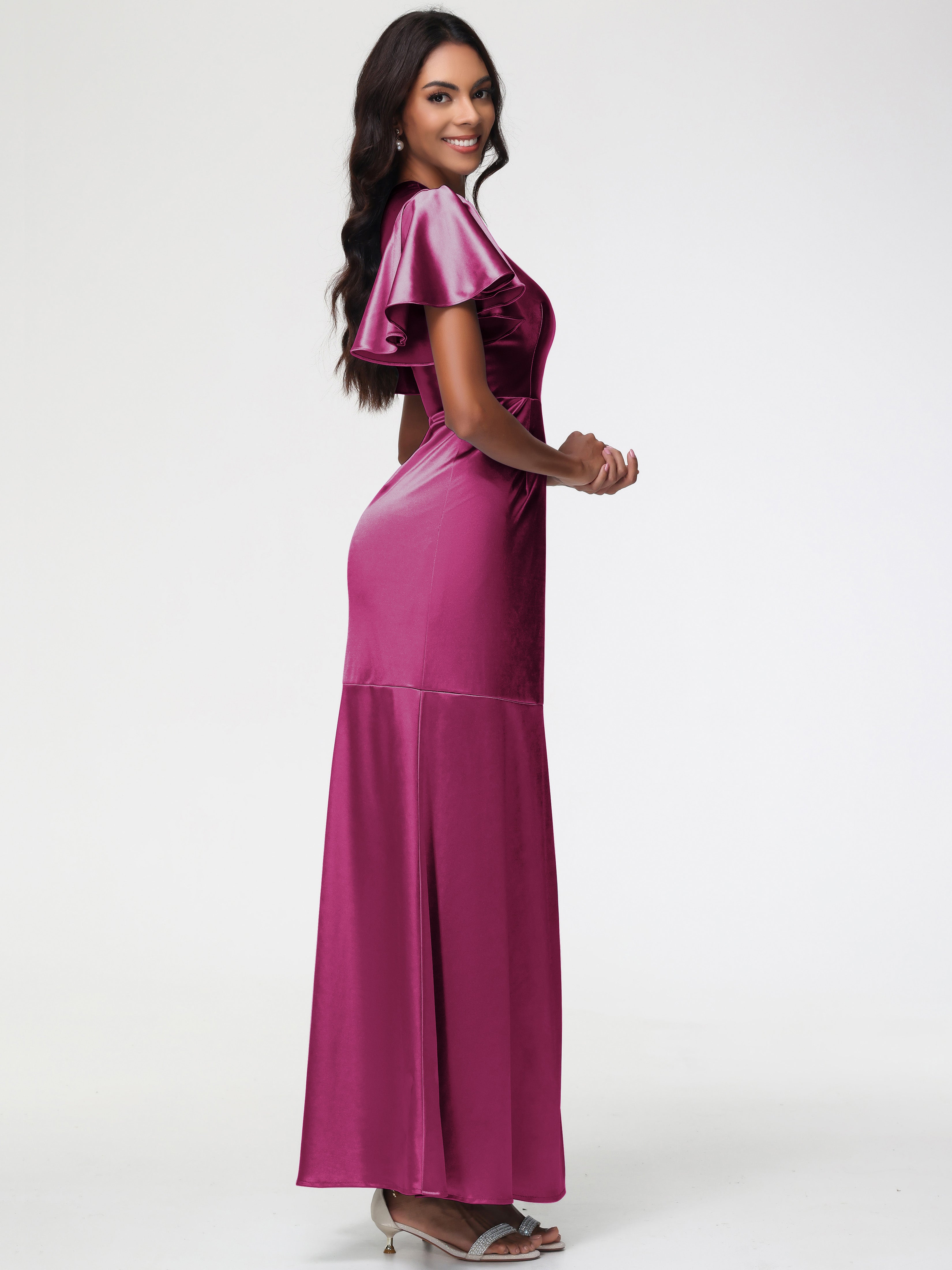 Robes De Demoiselle D'Honneur Couleur Fuchsia Rose Col Rond Mancherons À Volants Satin Extensible Robe Fourreau Demoiselle D Honneur