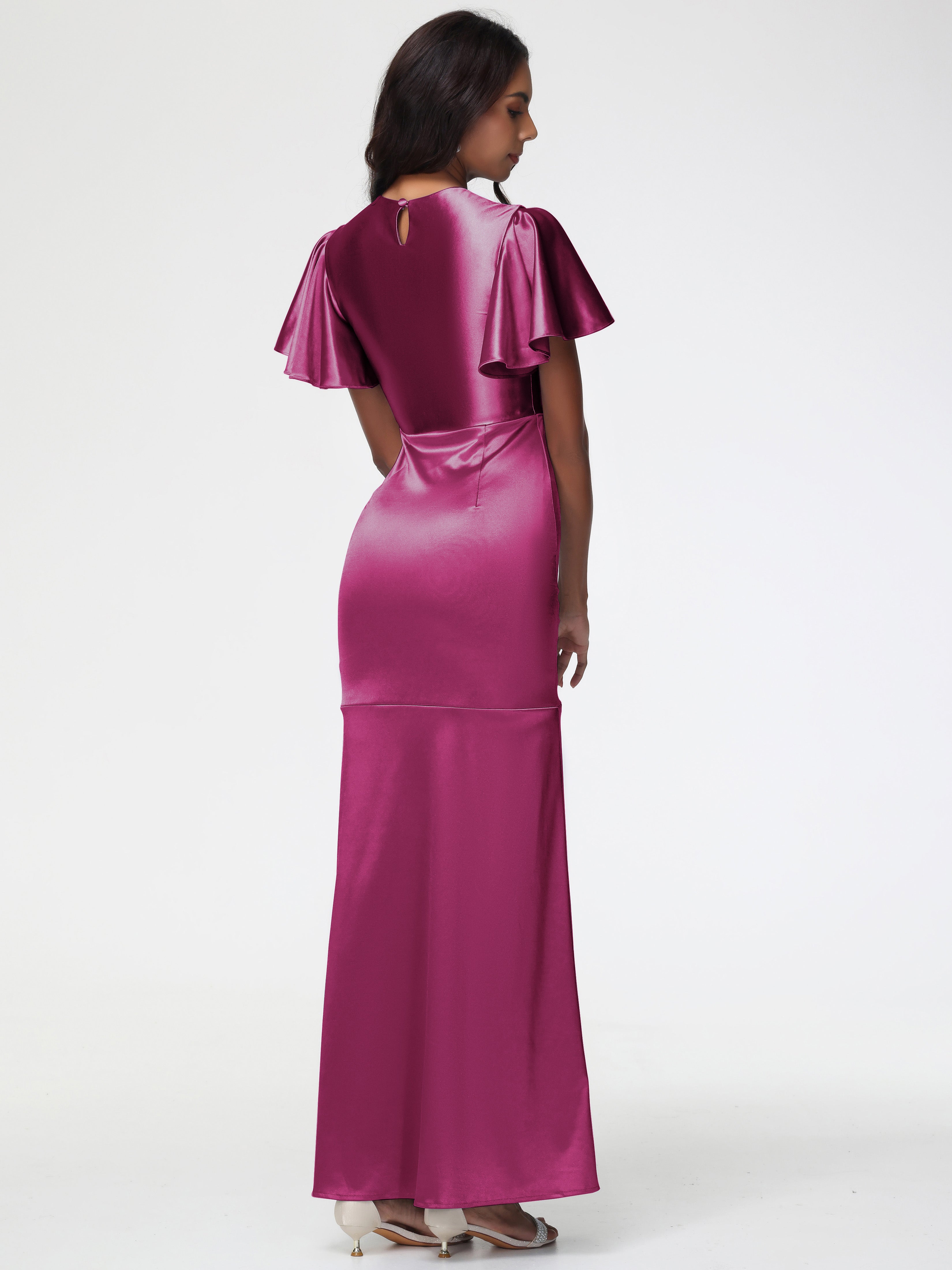 Robes De Demoiselle D'Honneur Couleur Fuchsia Rose Col Rond Mancherons À Volants Satin Extensible Robe Fourreau Demoiselle D Honneur