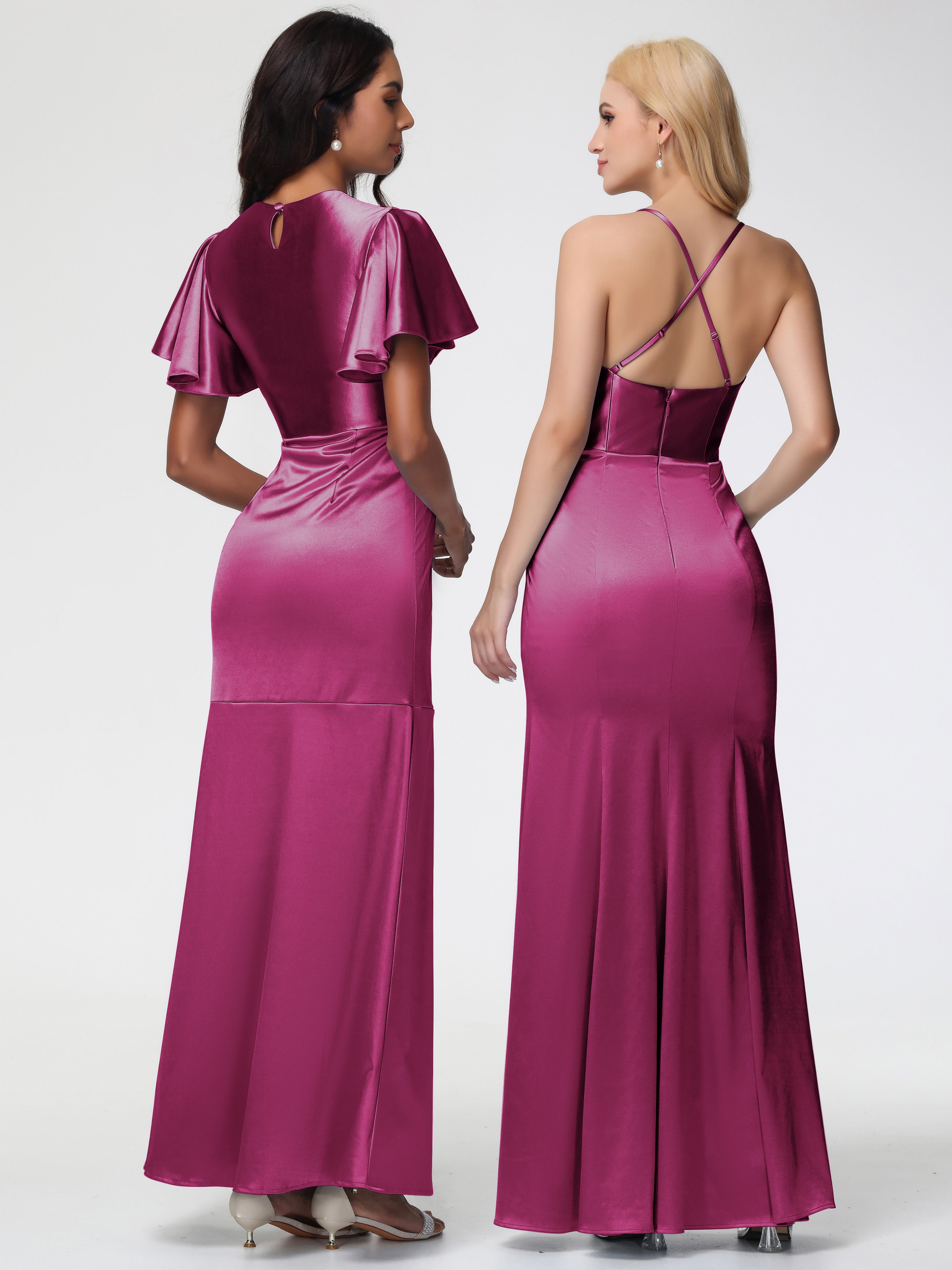 Robes De Demoiselle D'Honneur Couleur Fuchsia Rose Col Rond Mancherons À Volants Satin Extensible Robe Fourreau Demoiselle D Honneur