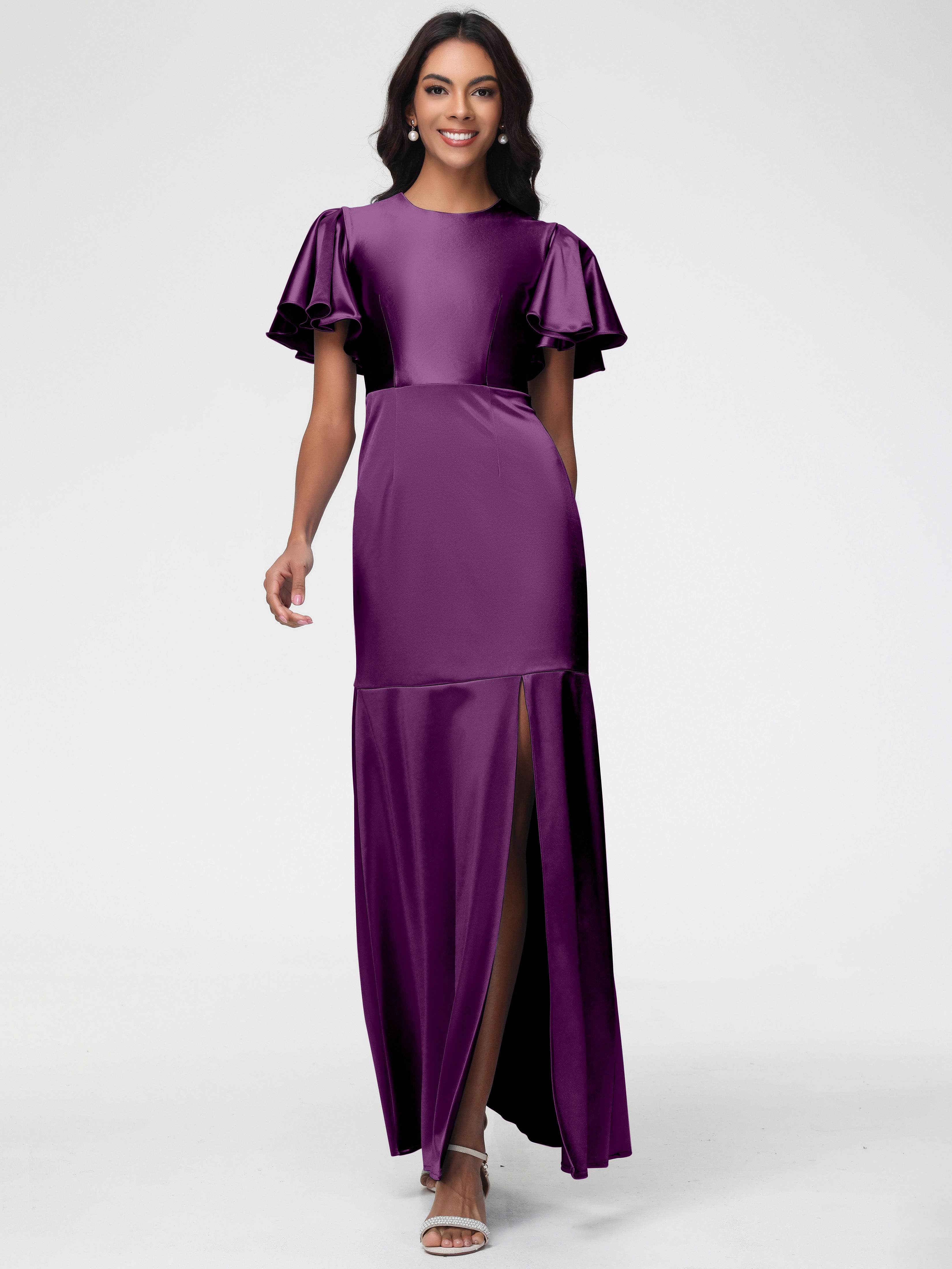 Robes De Demoiselle D'Honneur En Raisin Col Rond Mancherons À Volants Satin Extensible Robe Fourreau Demoiselle D Honneur