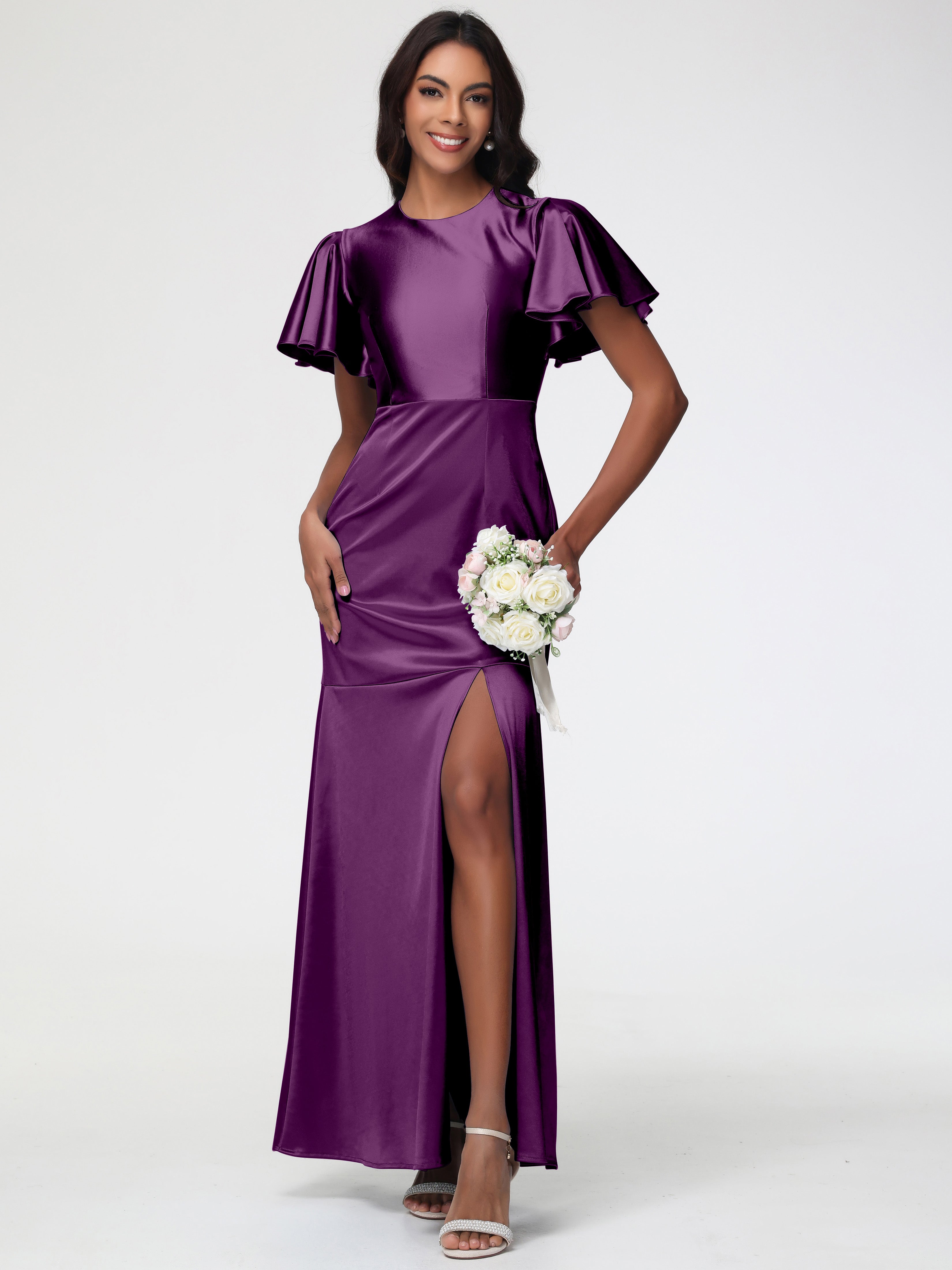 Robes De Demoiselle D'Honneur En Raisin Col Rond Mancherons À Volants Satin Extensible Robe Fourreau Demoiselle D Honneur