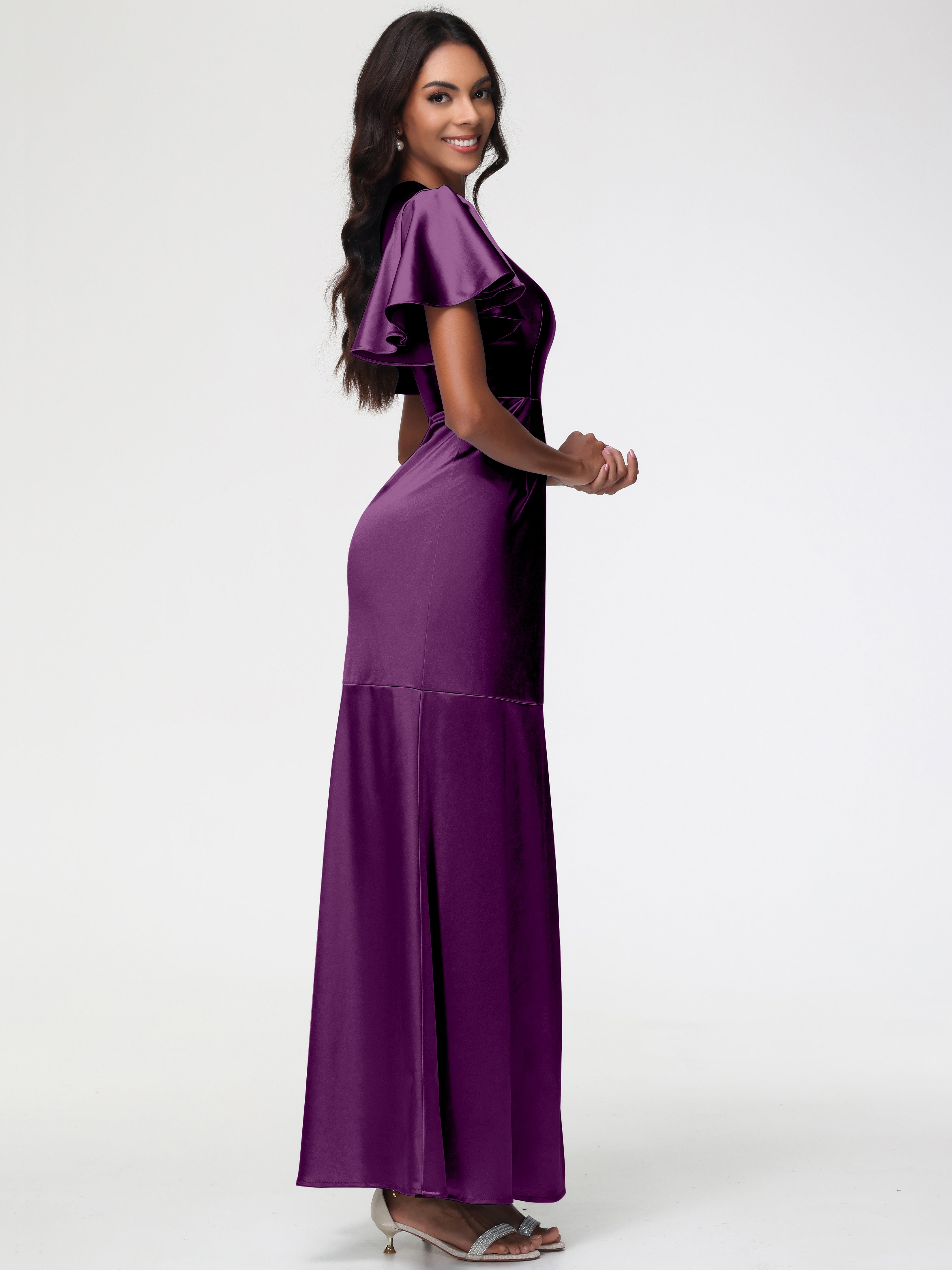 Robes De Demoiselle D'Honneur En Raisin Col Rond Mancherons À Volants Satin Extensible Robe Fourreau Demoiselle D Honneur