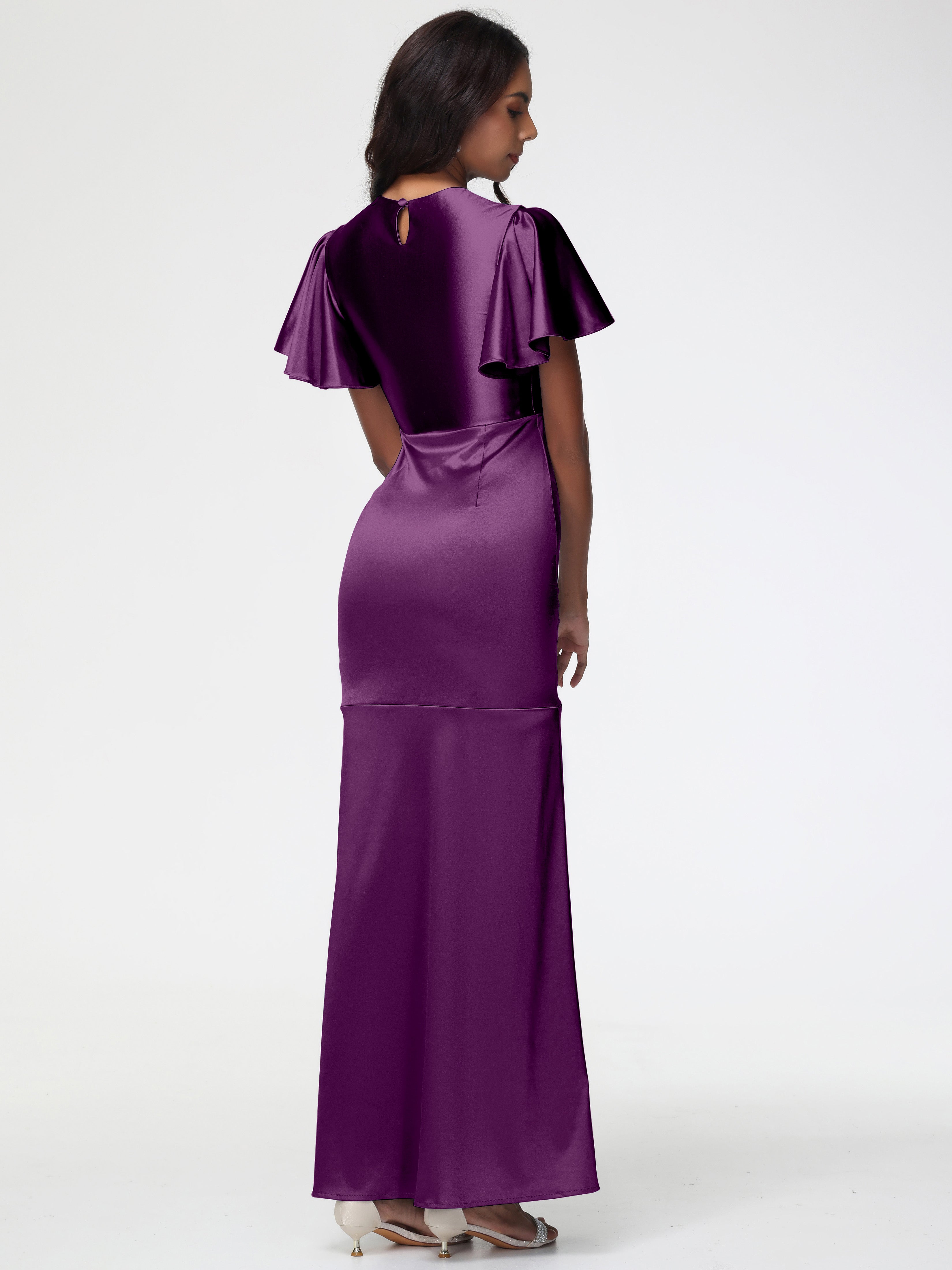 Robes De Demoiselle D'Honneur En Raisin Col Rond Mancherons À Volants Satin Extensible Robe Fourreau Demoiselle D Honneur