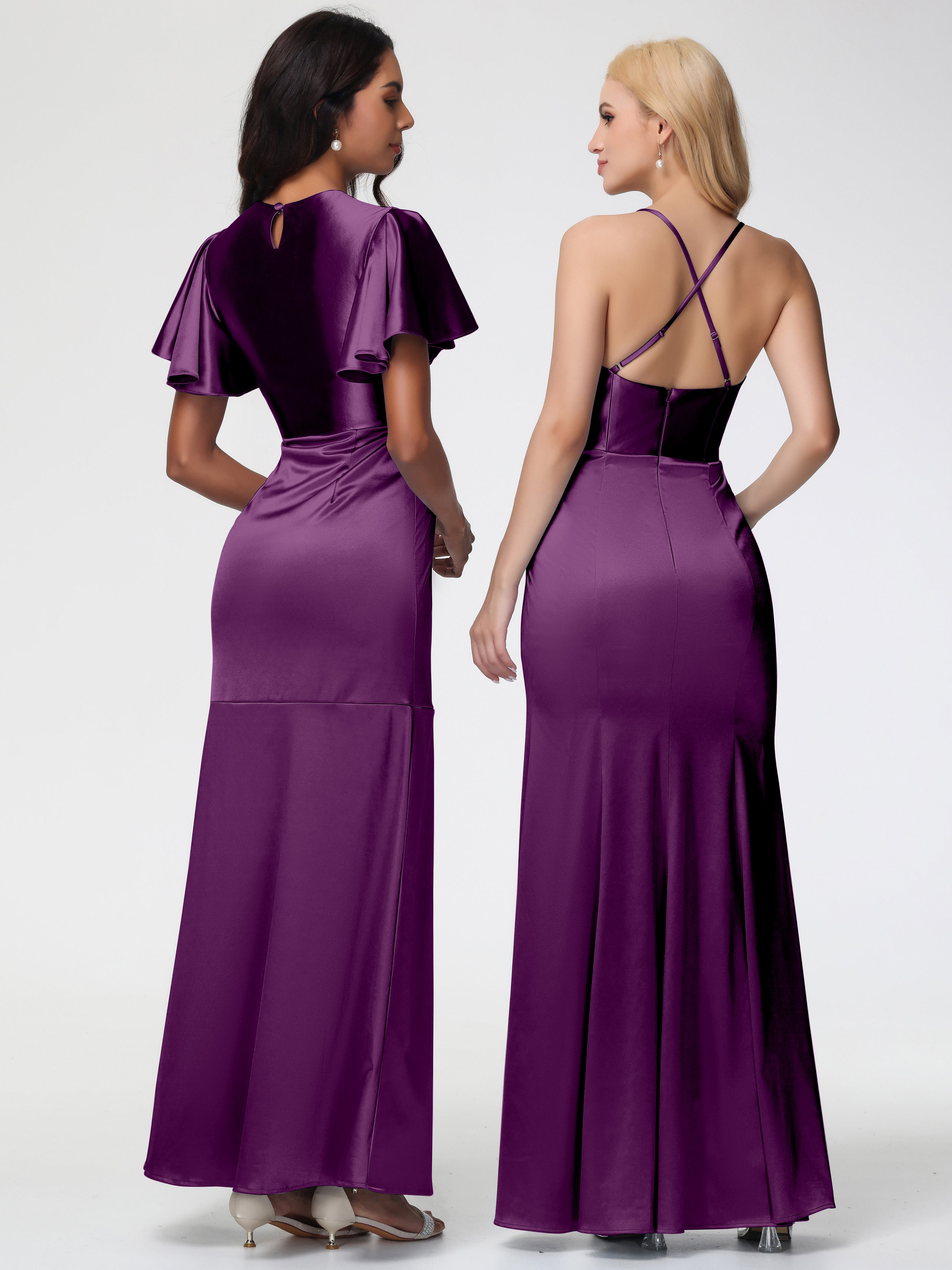 Robes De Demoiselle D'Honneur En Raisin Col Rond Mancherons À Volants Satin Extensible Robe Fourreau Demoiselle D Honneur