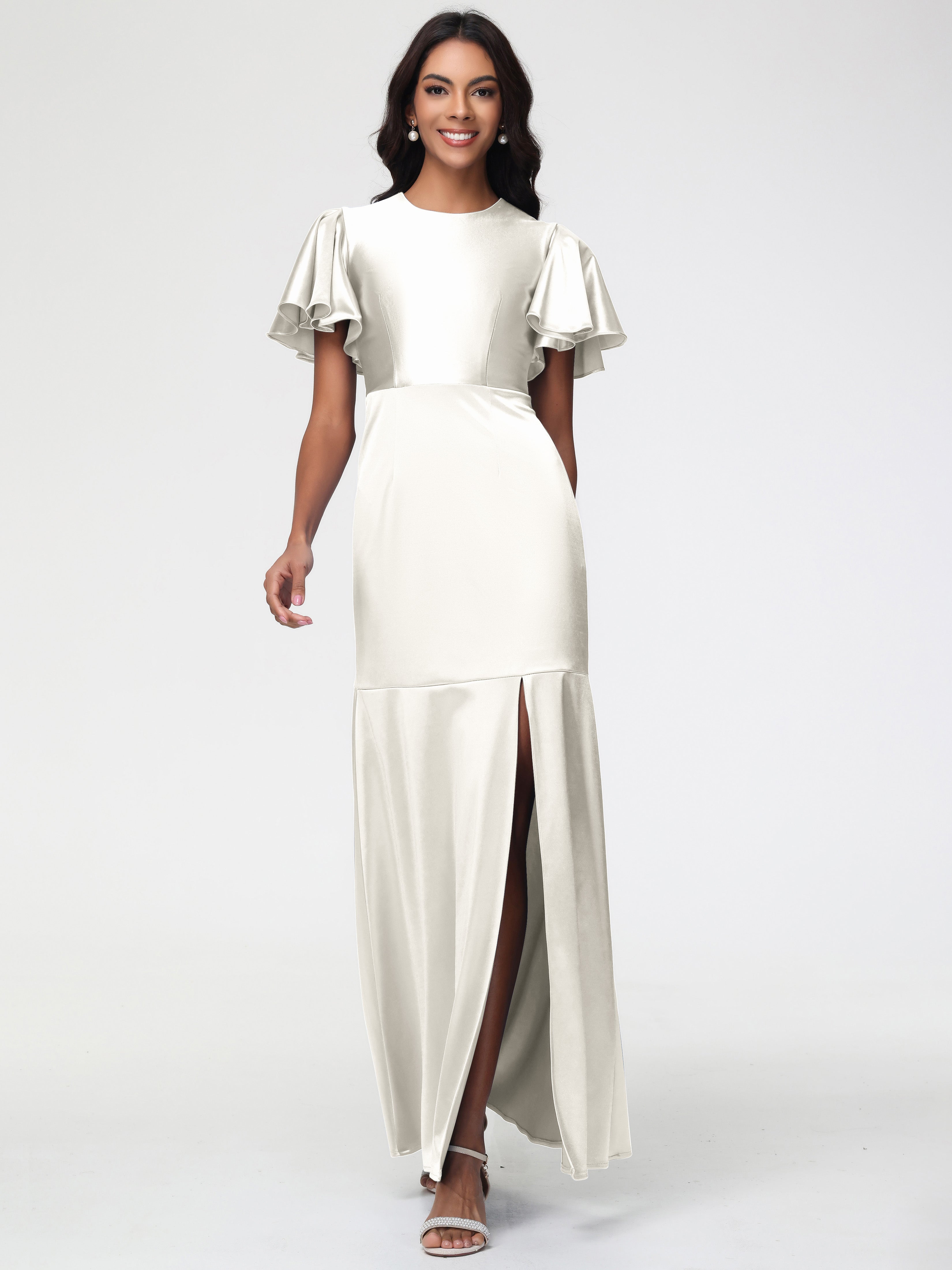 Robe Demoiselle D Honneur Ivoire Col Rond Mancherons À Volants Satin Extensible Robe Fourreau Demoiselle D Honneur