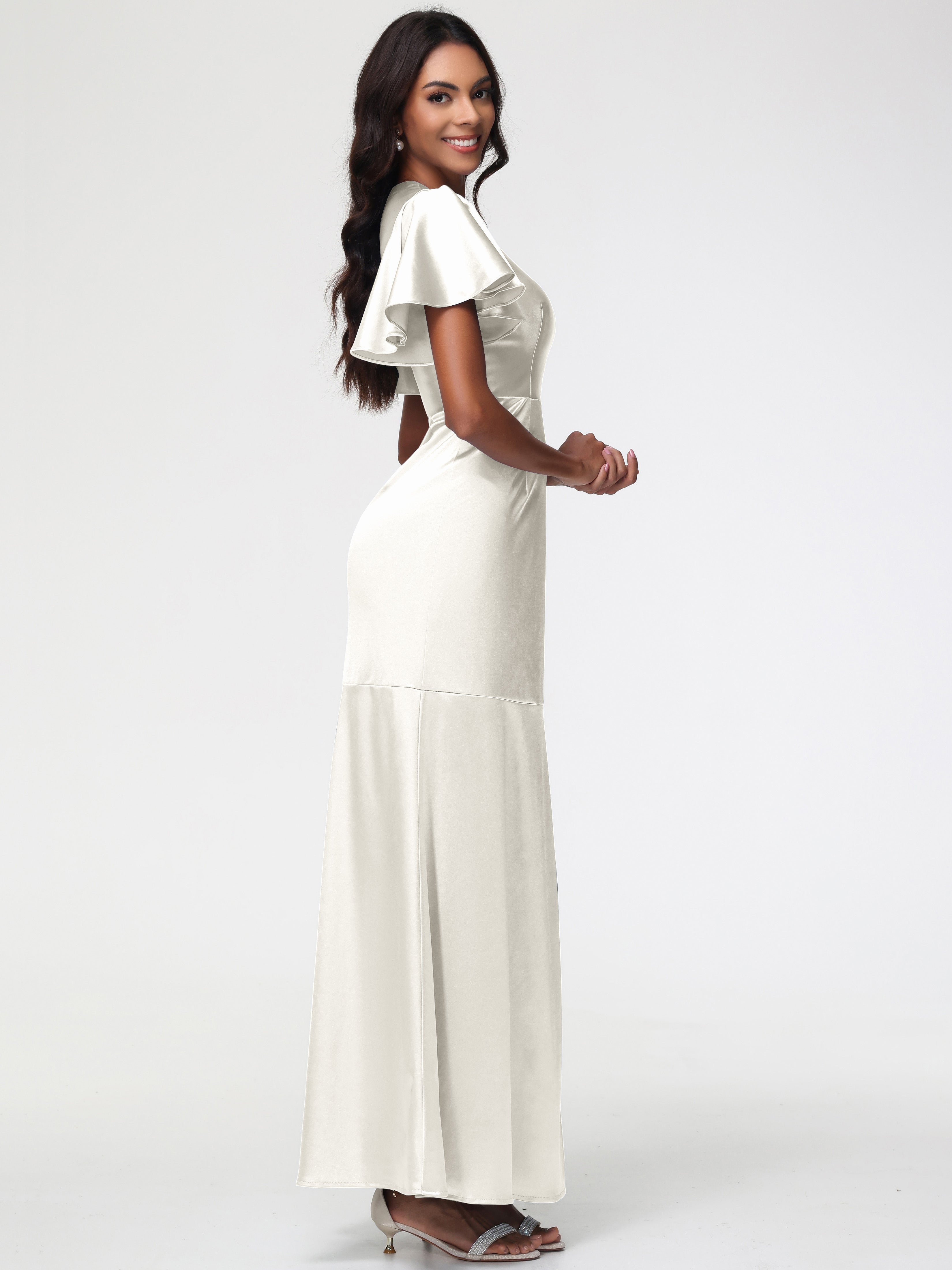 Robe Demoiselle D Honneur Ivoire Col Rond Mancherons À Volants Satin Extensible Robe Fourreau Demoiselle D Honneur