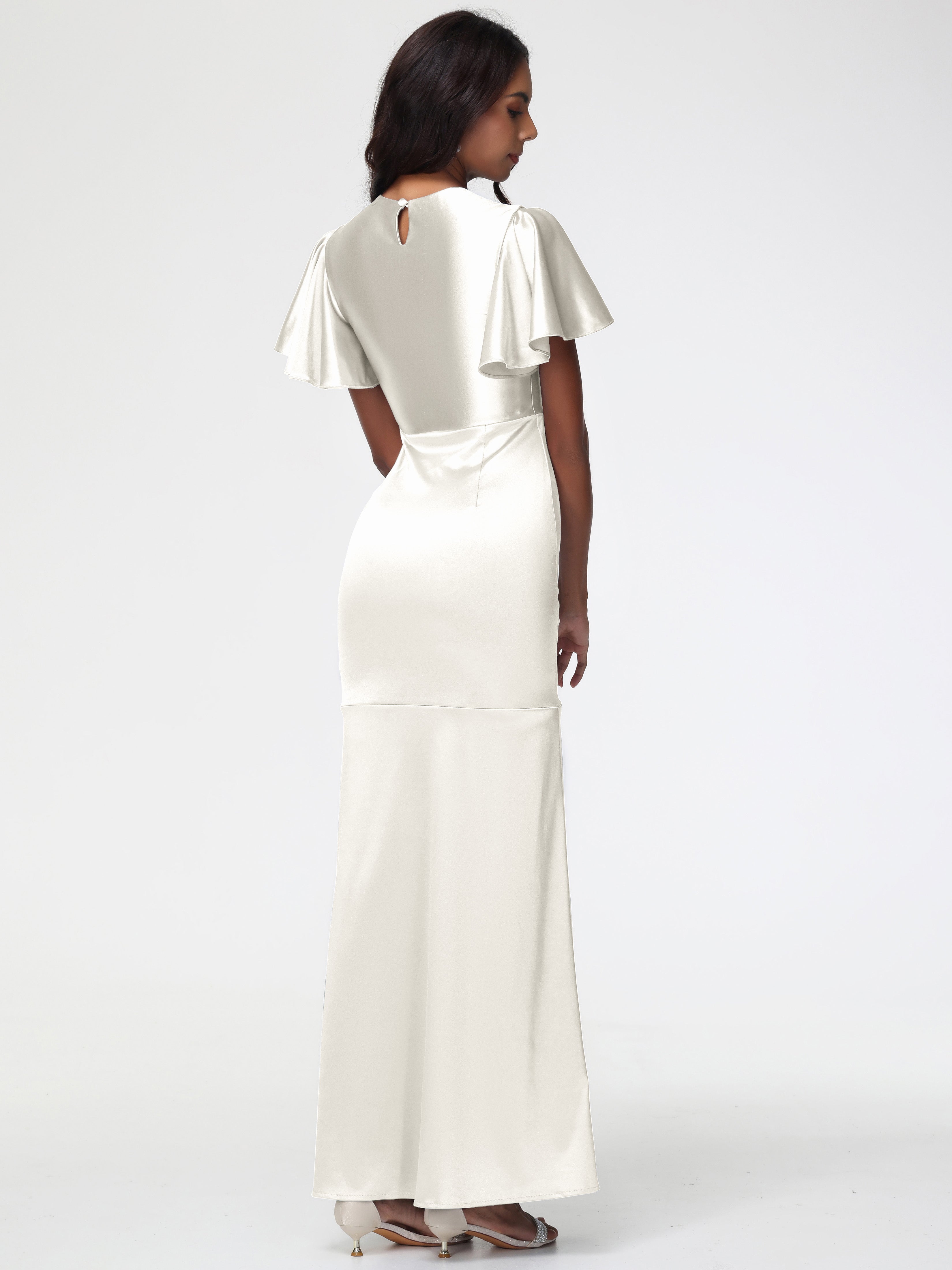 Robe Demoiselle D Honneur Ivoire Col Rond Mancherons À Volants Satin Extensible Robe Fourreau Demoiselle D Honneur