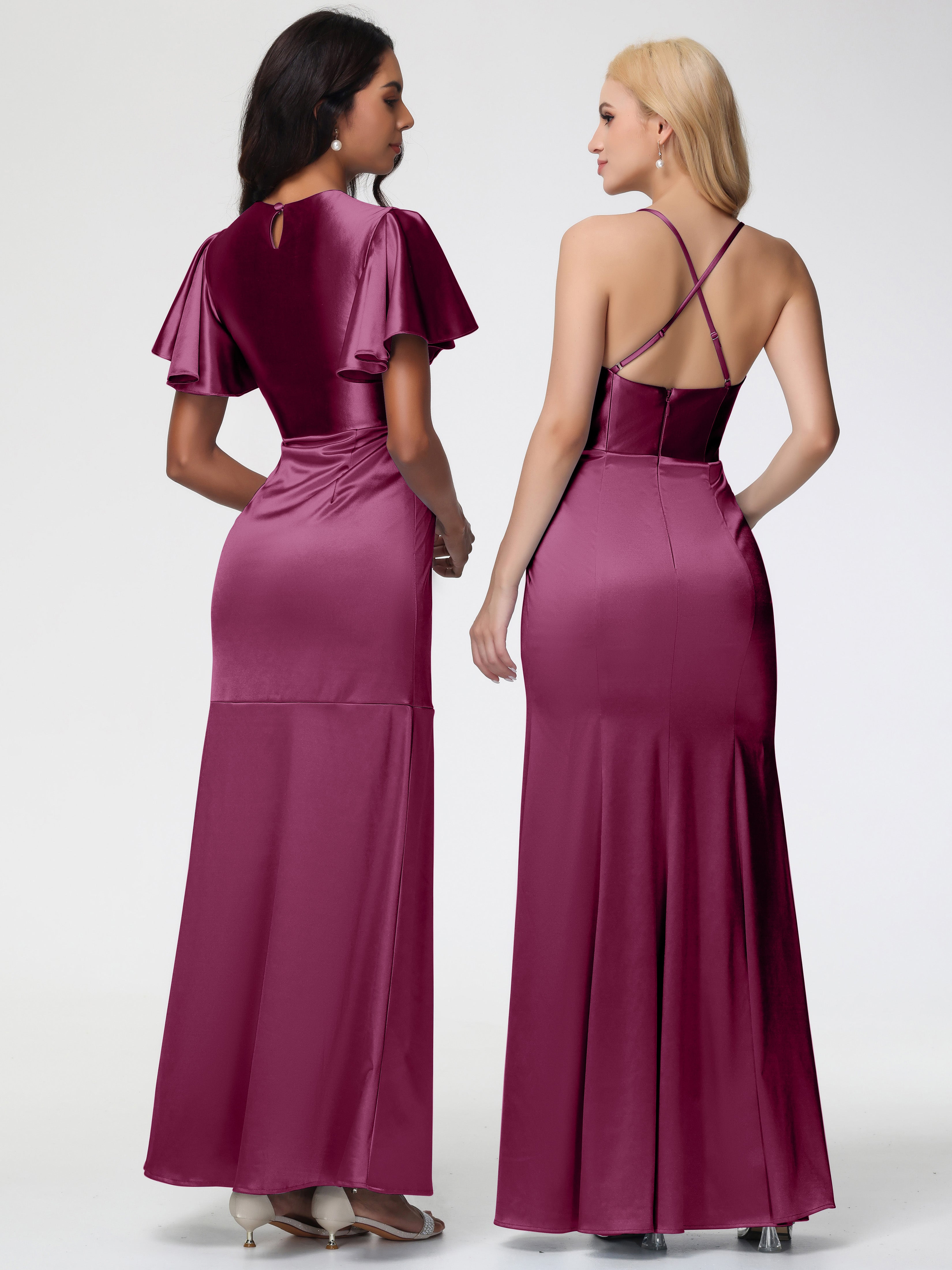 Robes De Demoiselle D'Honneur Mure Col Rond Mancherons À Volants Satin Extensible Robe Fourreau Demoiselle D Honneur