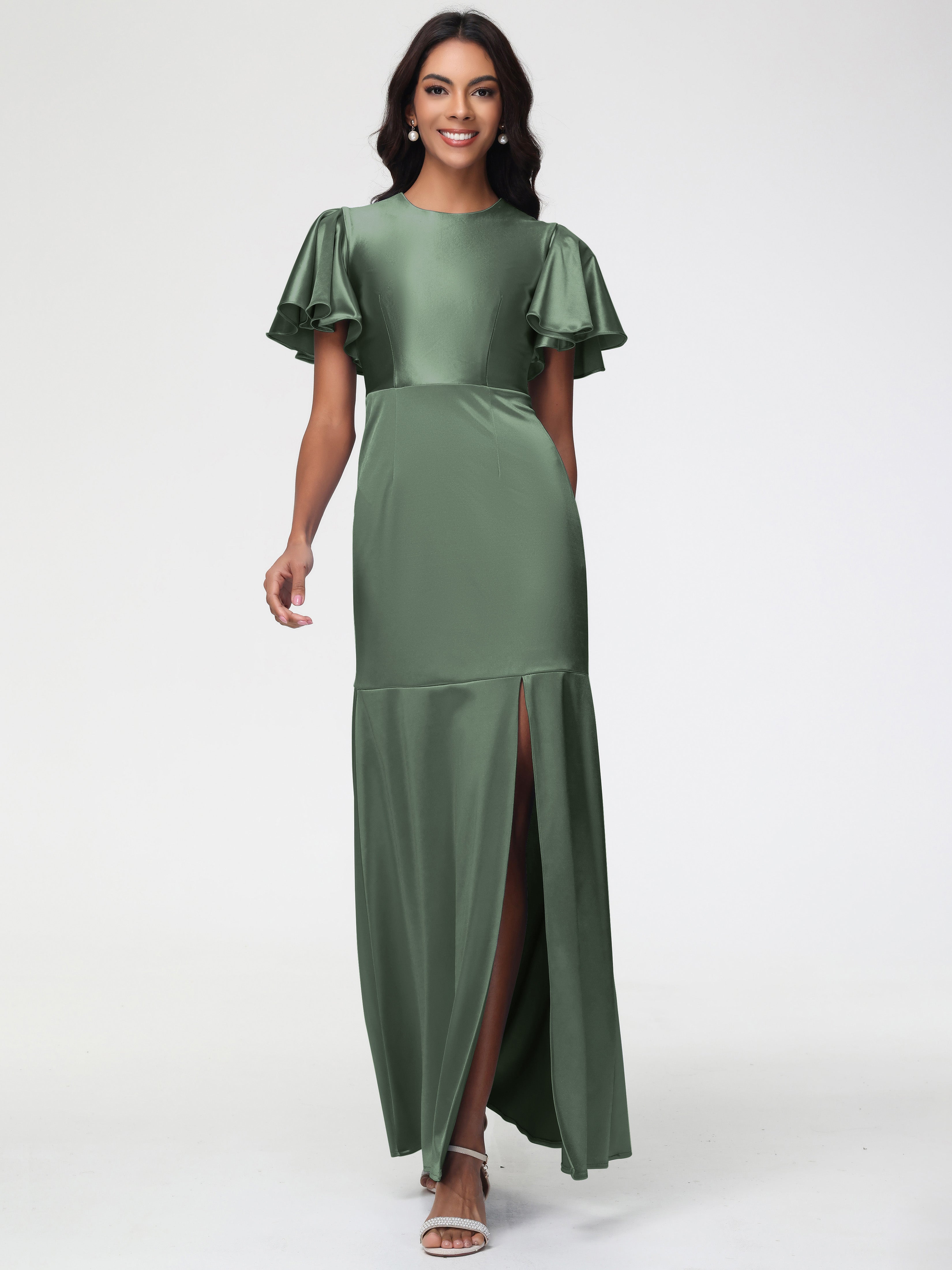 Robe Vert Olive Demoiselle D Honneur Col Rond Mancherons À Volants Satin Extensible Robe Fourreau Demoiselle D Honneur