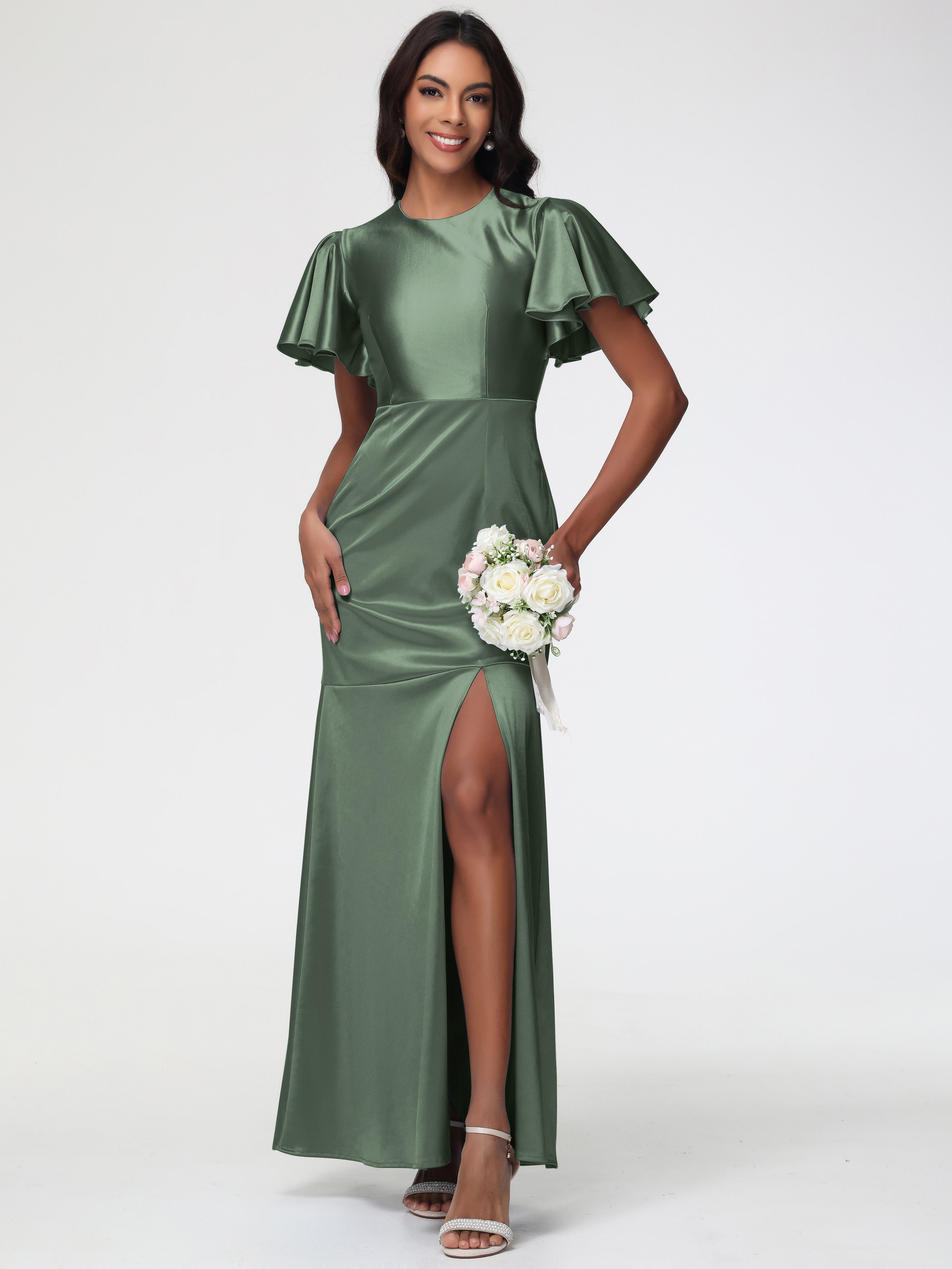 Robe Vert Olive Demoiselle D Honneur Col Rond Mancherons À Volants Satin Extensible Robe Fourreau Demoiselle D Honneur