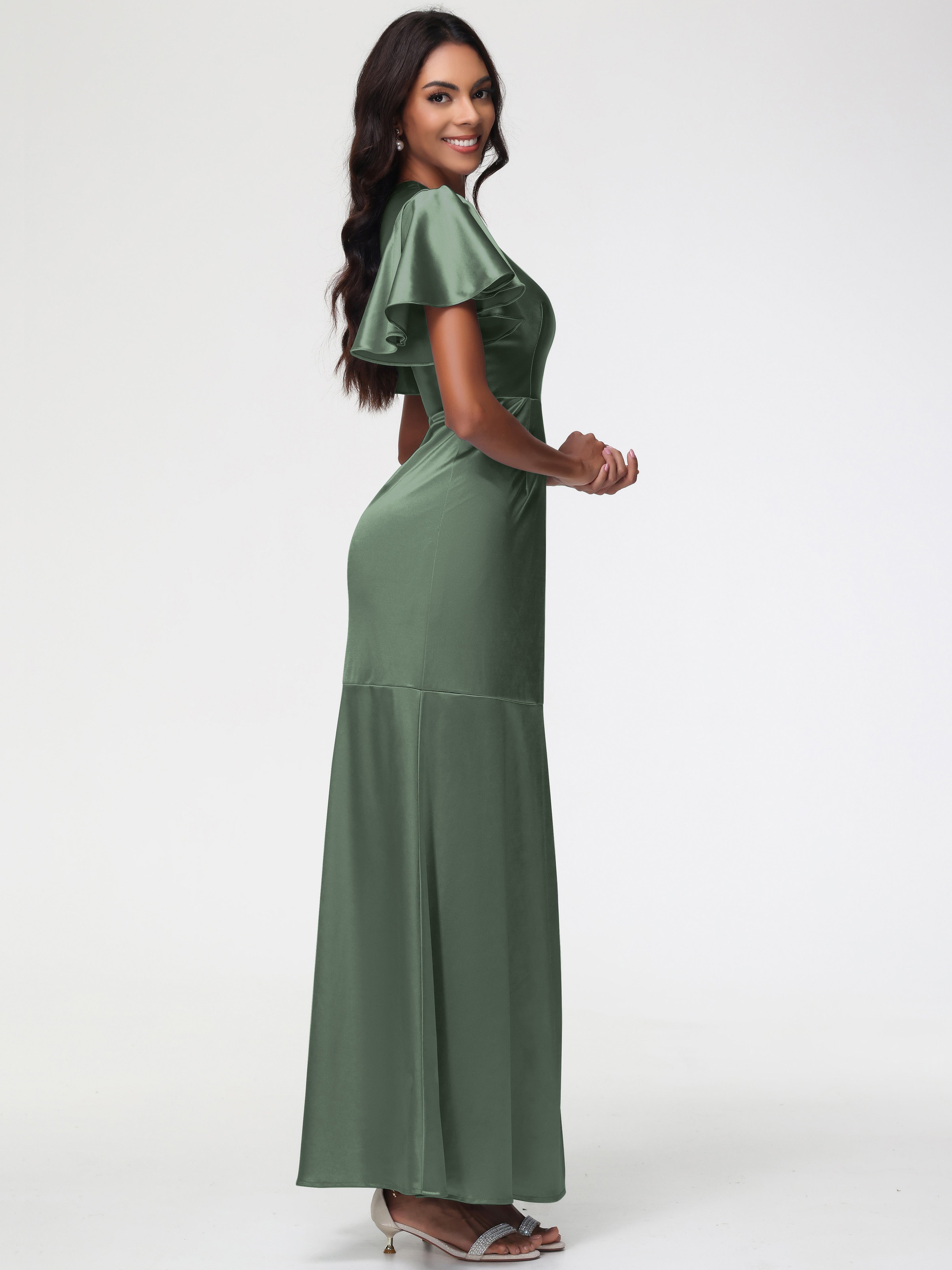 Robe Vert Olive Demoiselle D Honneur Col Rond Mancherons À Volants Satin Extensible Robe Fourreau Demoiselle D Honneur