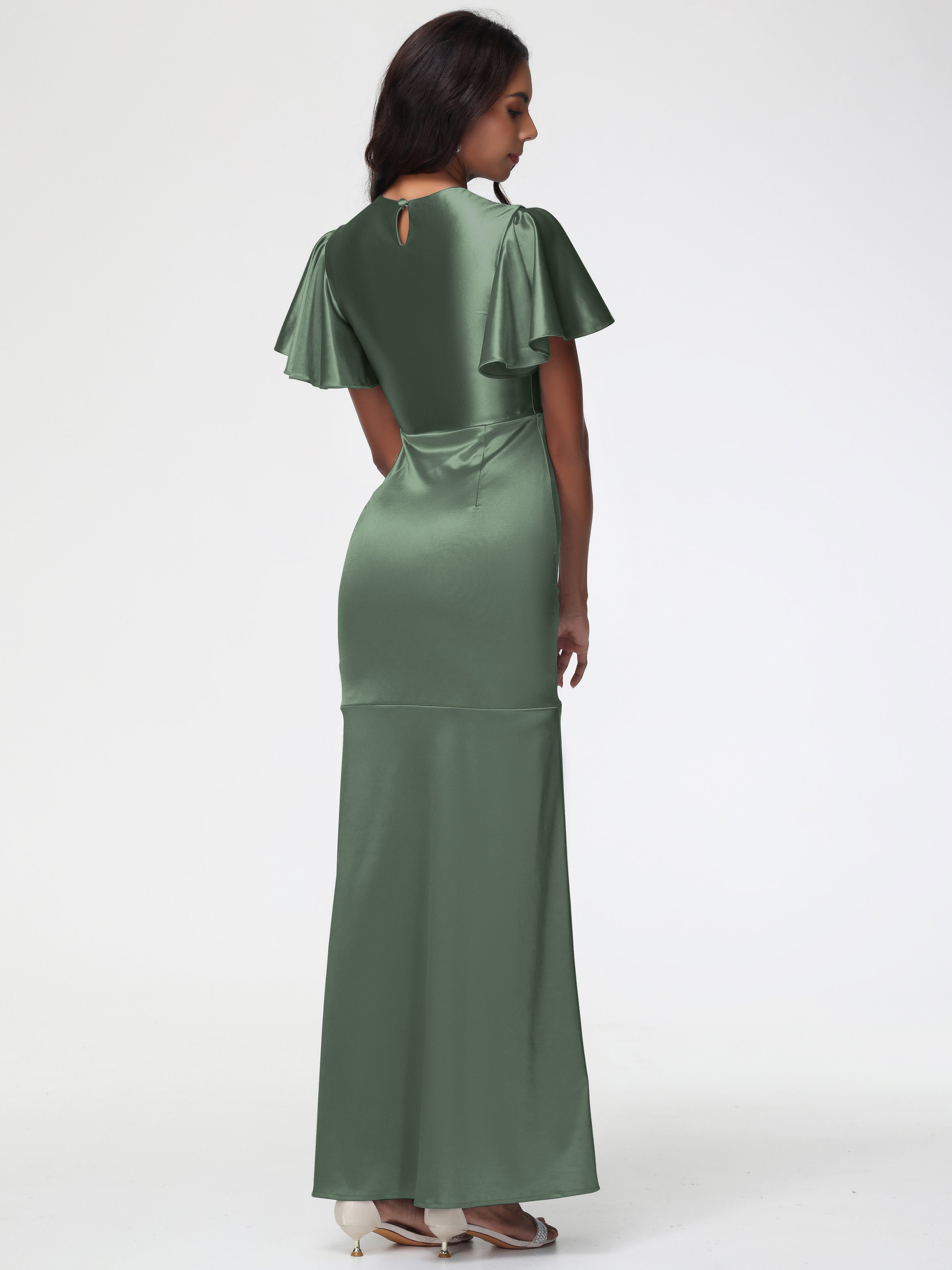 Robe Vert Olive Demoiselle D Honneur Col Rond Mancherons À Volants Satin Extensible Robe Fourreau Demoiselle D Honneur