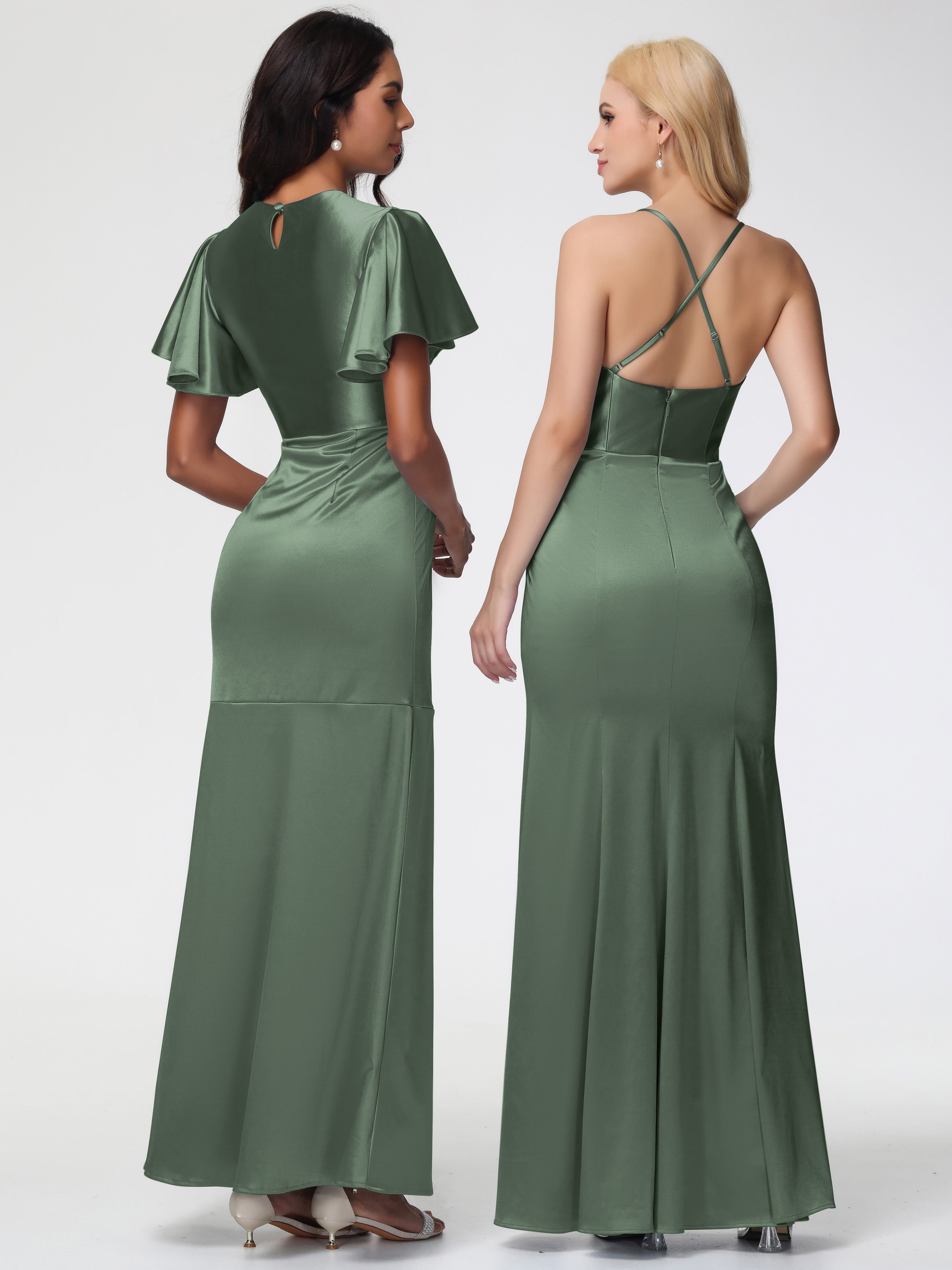 Robe Vert Olive Demoiselle D Honneur Col Rond Mancherons À Volants Satin Extensible Robe Fourreau Demoiselle D Honneur