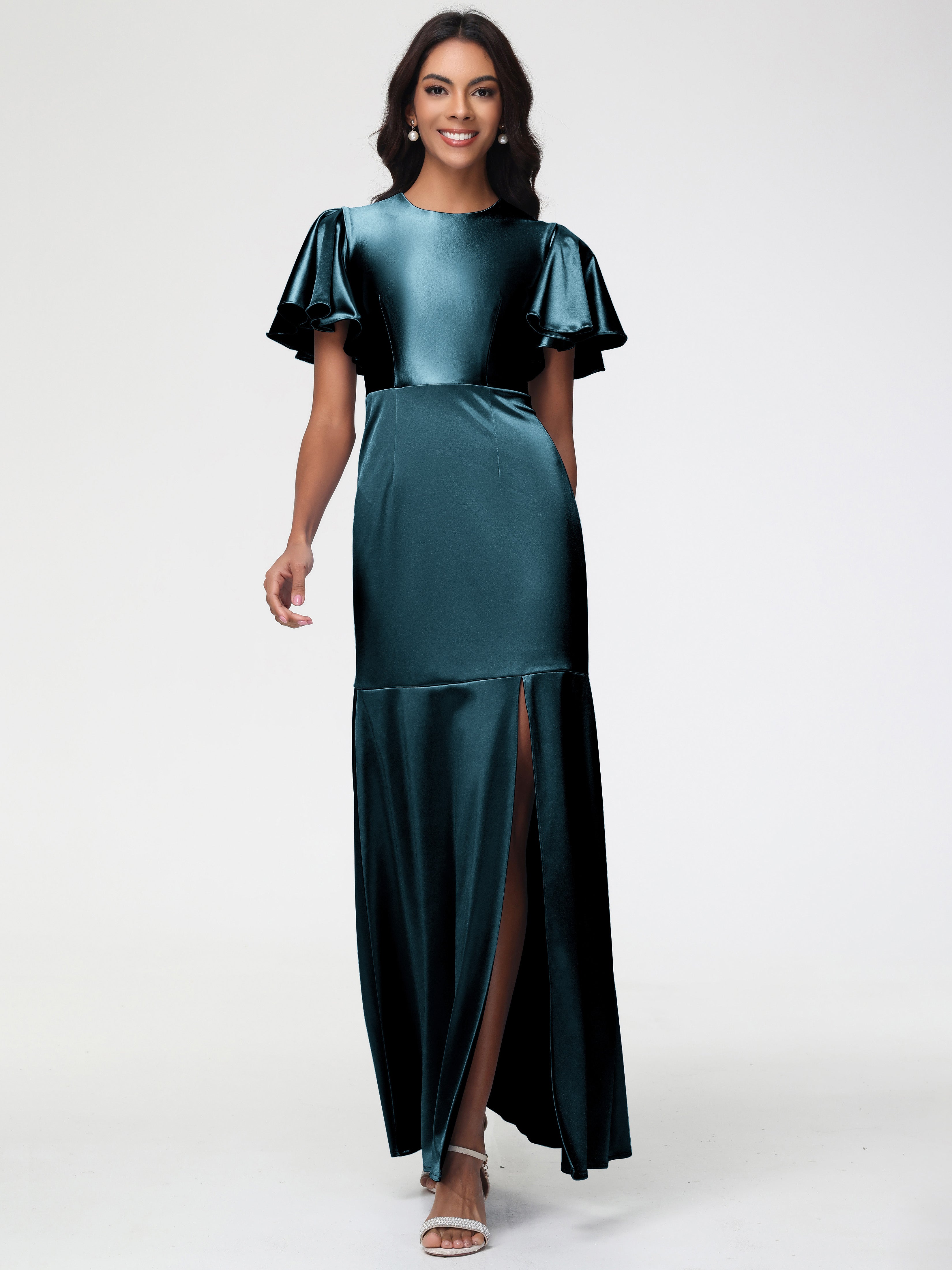 Robes De Demoiselle D'Honneur Couleur Paon Col Rond Mancherons À Volants Satin Extensible Robe Fourreau Demoiselle D Honneur