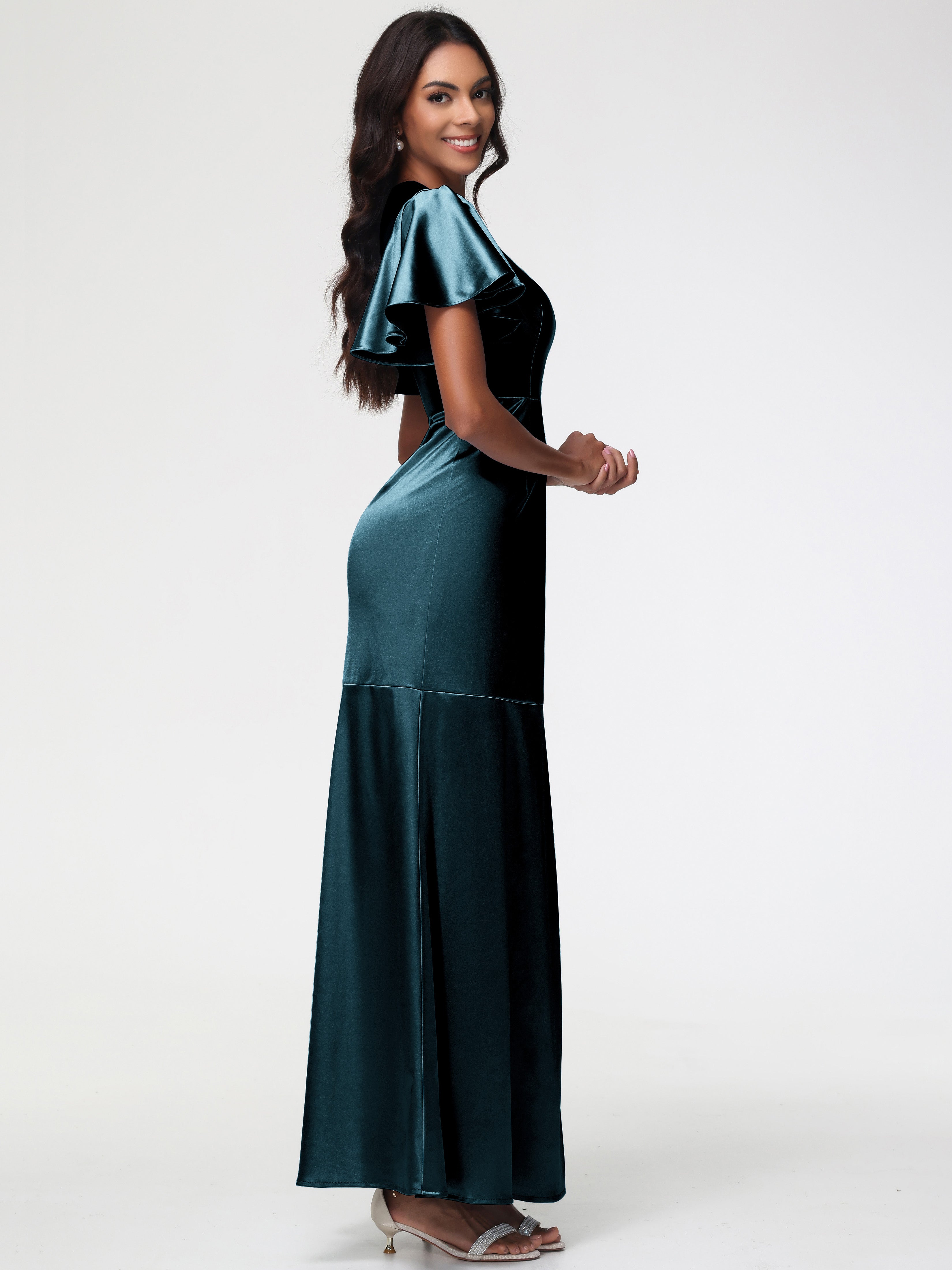 Robes De Demoiselle D'Honneur Couleur Paon Col Rond Mancherons À Volants Satin Extensible Robe Fourreau Demoiselle D Honneur