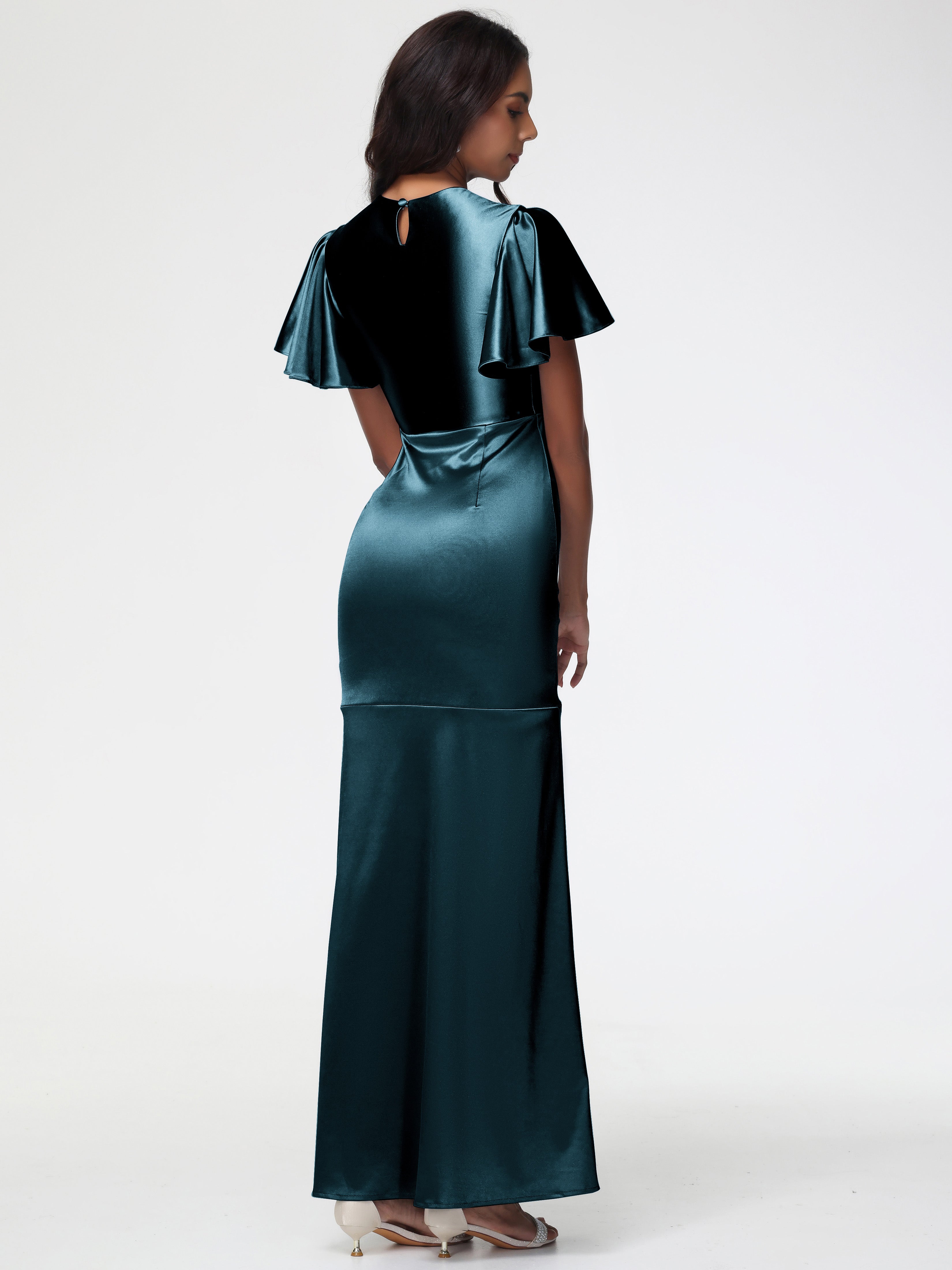 Robes De Demoiselle D'Honneur Couleur Paon Col Rond Mancherons À Volants Satin Extensible Robe Fourreau Demoiselle D Honneur