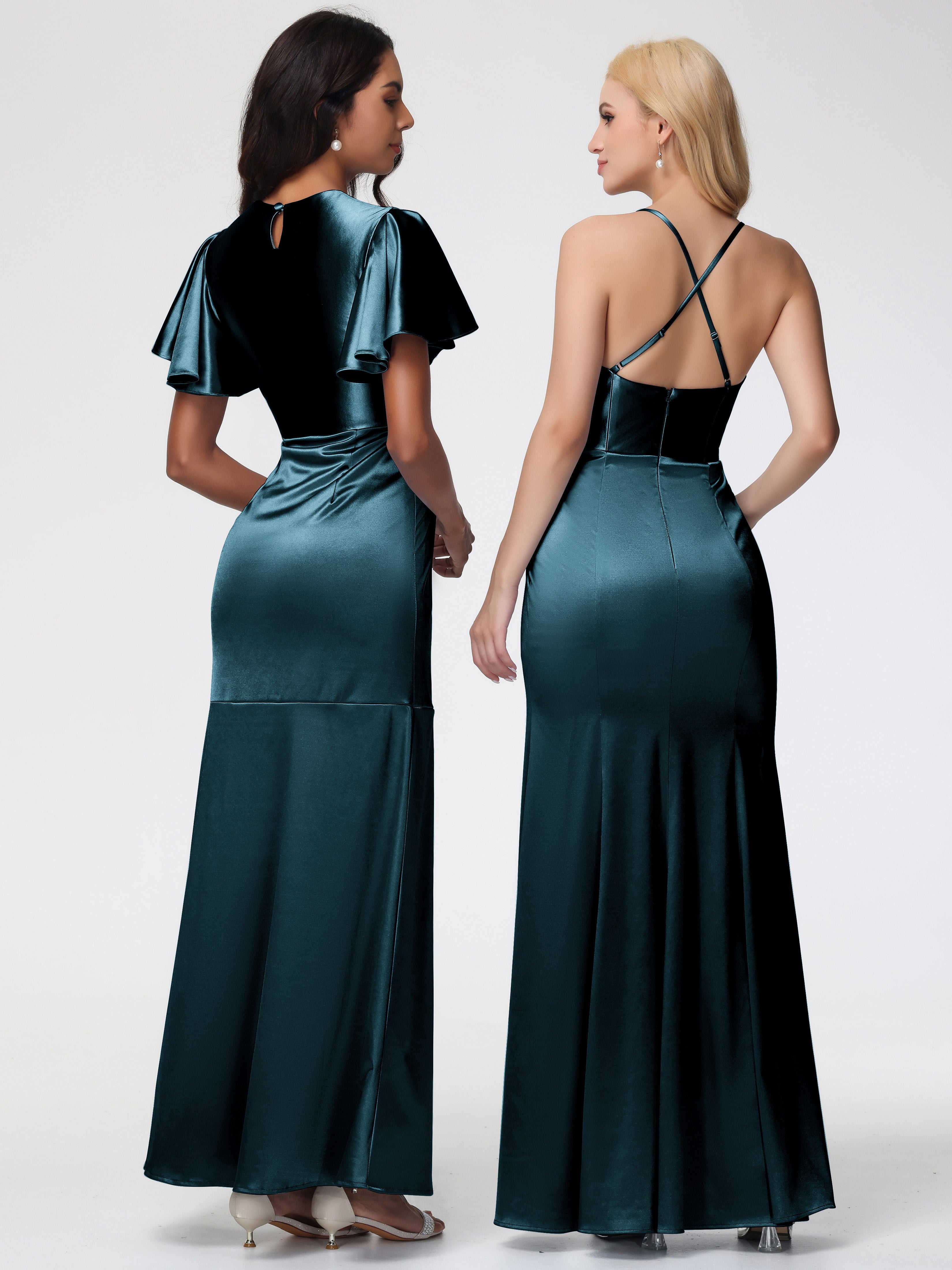 Robes De Demoiselle D'Honneur Couleur Paon Col Rond Mancherons À Volants Satin Extensible Robe Fourreau Demoiselle D Honneur