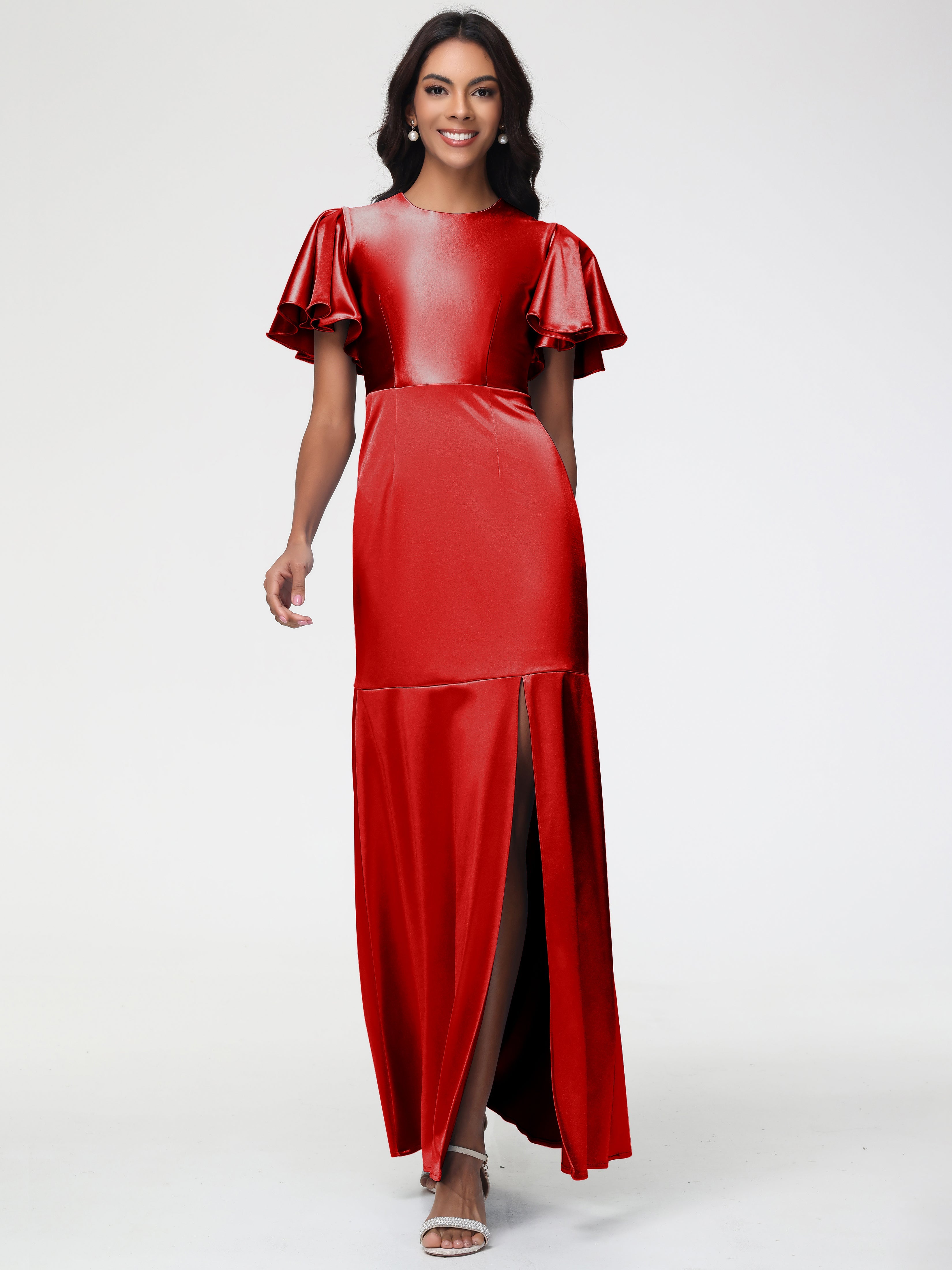 Robes Demoiselle D Honneur Rouge Col Rond Mancherons À Volants Satin Extensible Robe Fourreau Demoiselle D Honneur