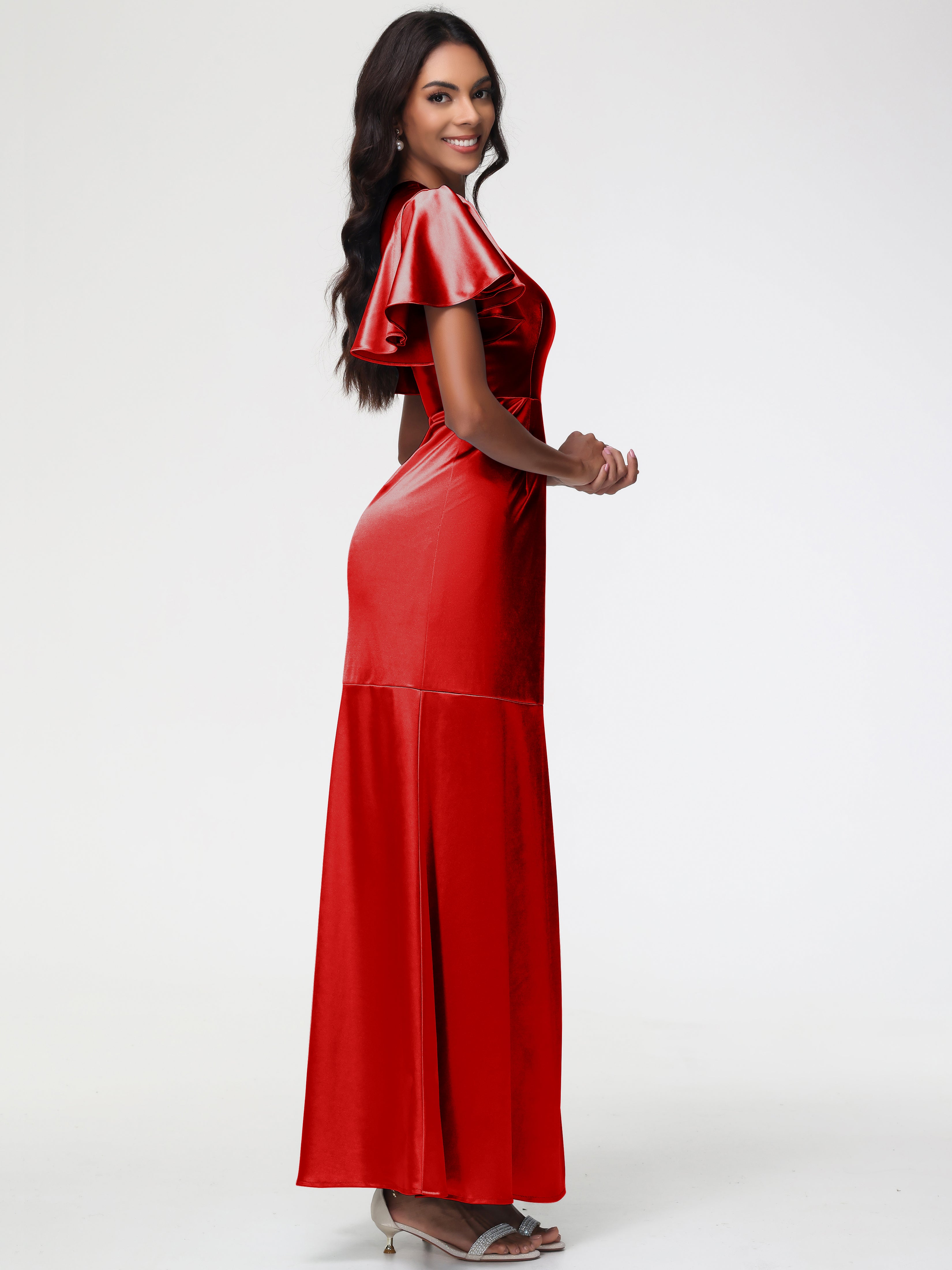 Robes Demoiselle D Honneur Rouge Col Rond Mancherons À Volants Satin Extensible Robe Fourreau Demoiselle D Honneur