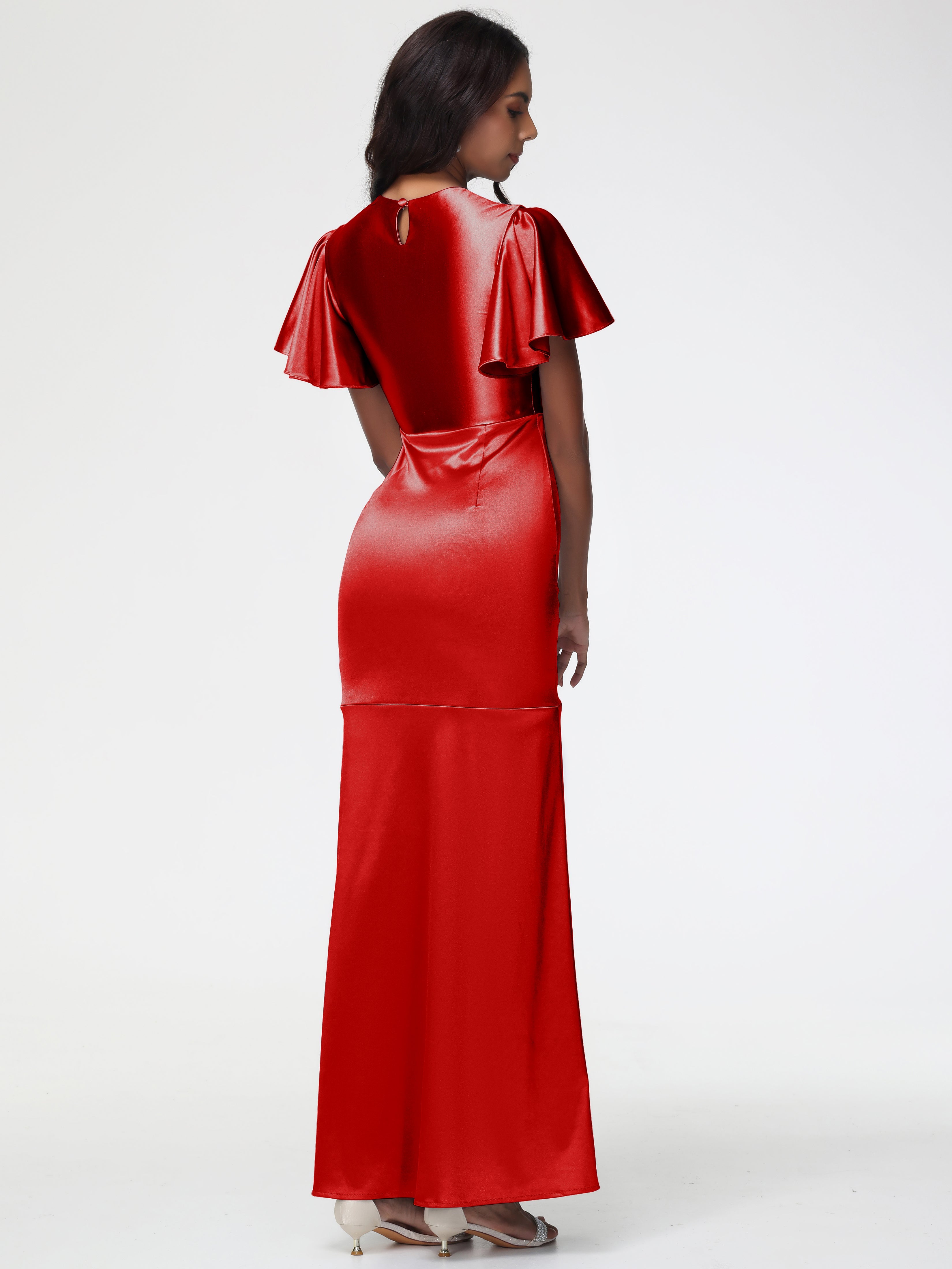 Robes Demoiselle D Honneur Rouge Col Rond Mancherons À Volants Satin Extensible Robe Fourreau Demoiselle D Honneur