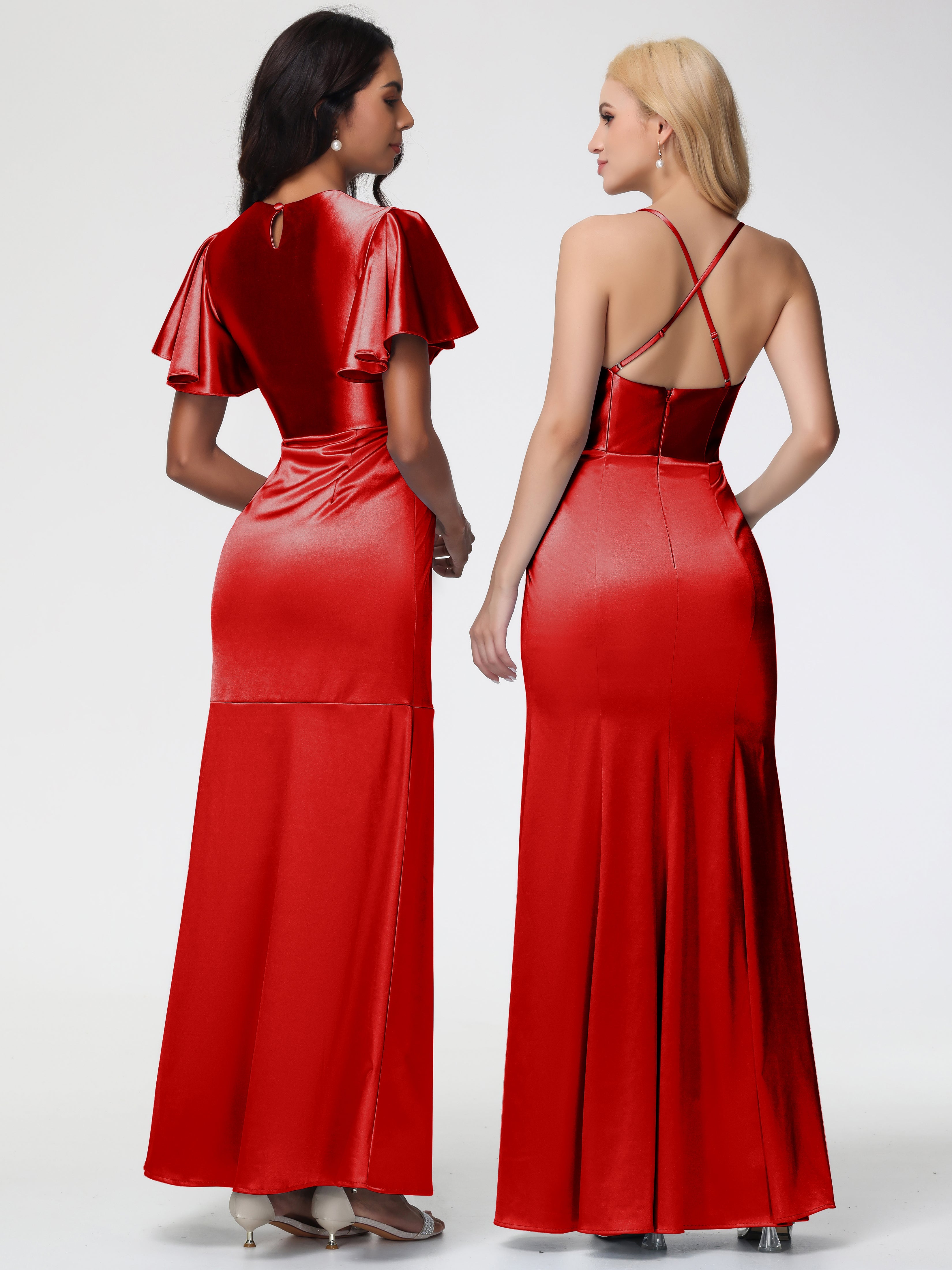 Robes Demoiselle D Honneur Rouge Col Rond Mancherons À Volants Satin Extensible Robe Fourreau Demoiselle D Honneur