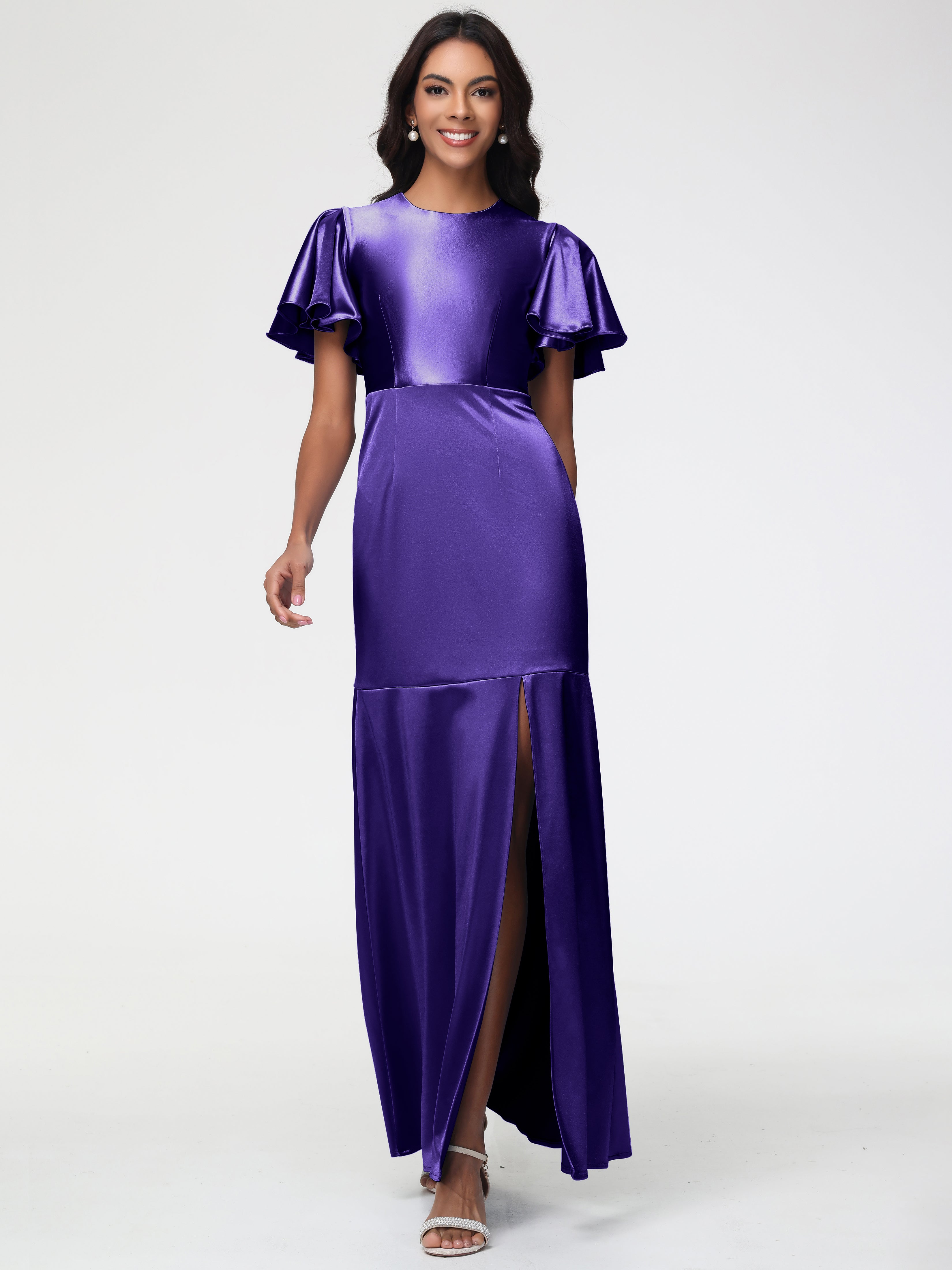 Robes De Demoiselle D'Honneur En Régence Col Rond Mancherons À Volants Satin Extensible Robe Fourreau Demoiselle D Honneur