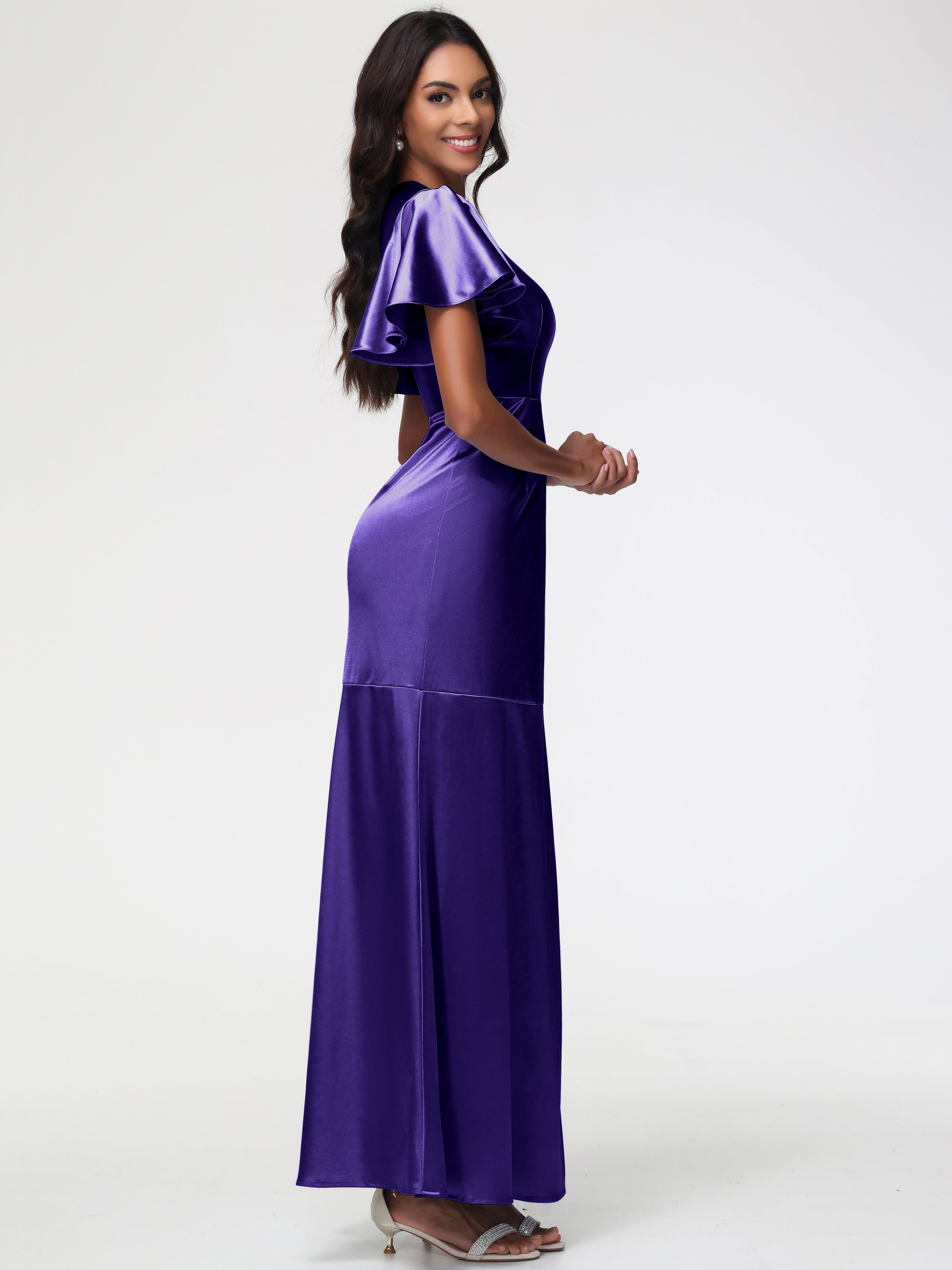 Robes De Demoiselle D'Honneur En Régence Col Rond Mancherons À Volants Satin Extensible Robe Fourreau Demoiselle D Honneur