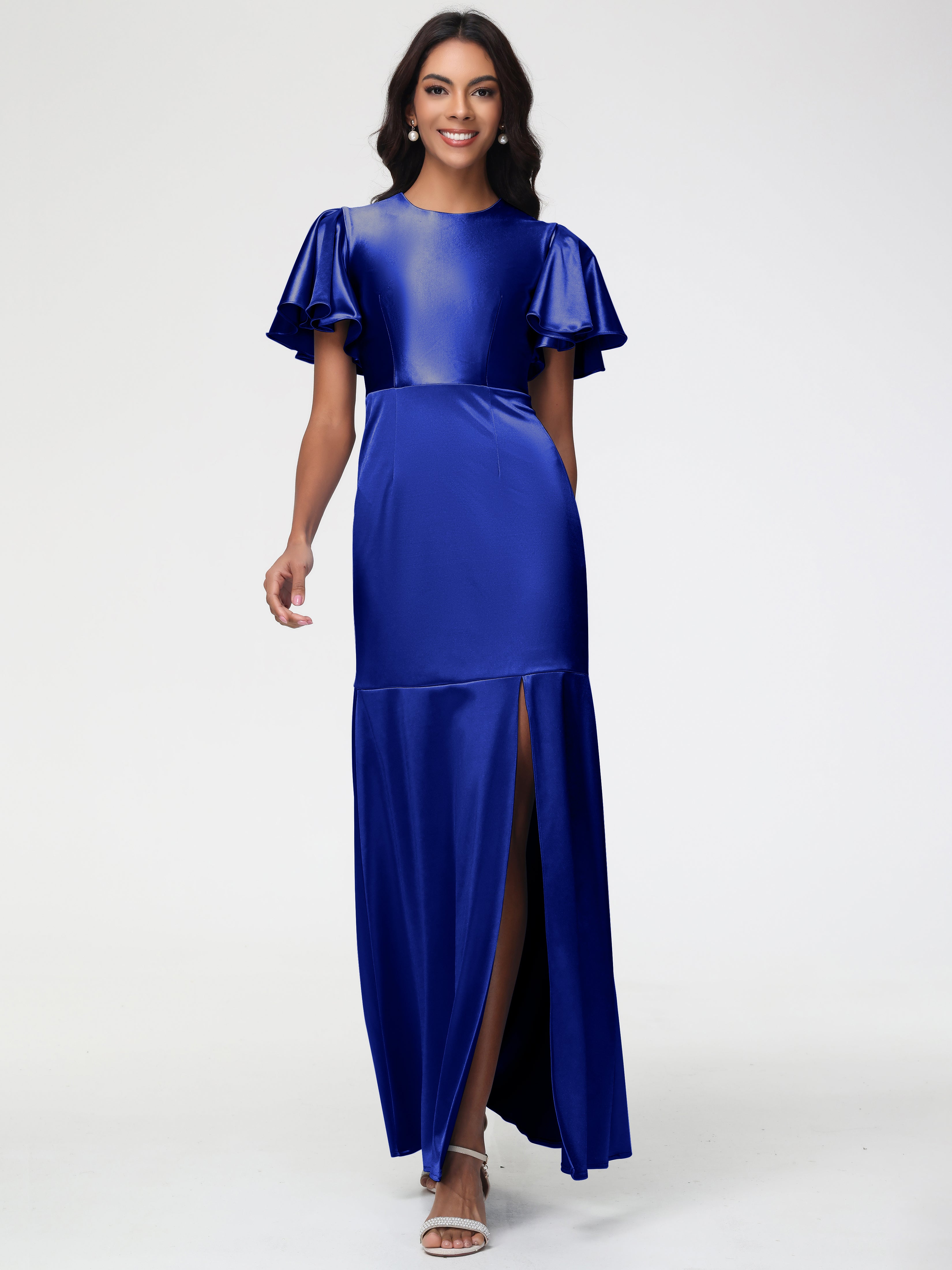 Robe De Demoiselle D Honneur Bleu Royal Col Rond Mancherons À Volants Satin Extensible Robe Fourreau Demoiselle D Honneur