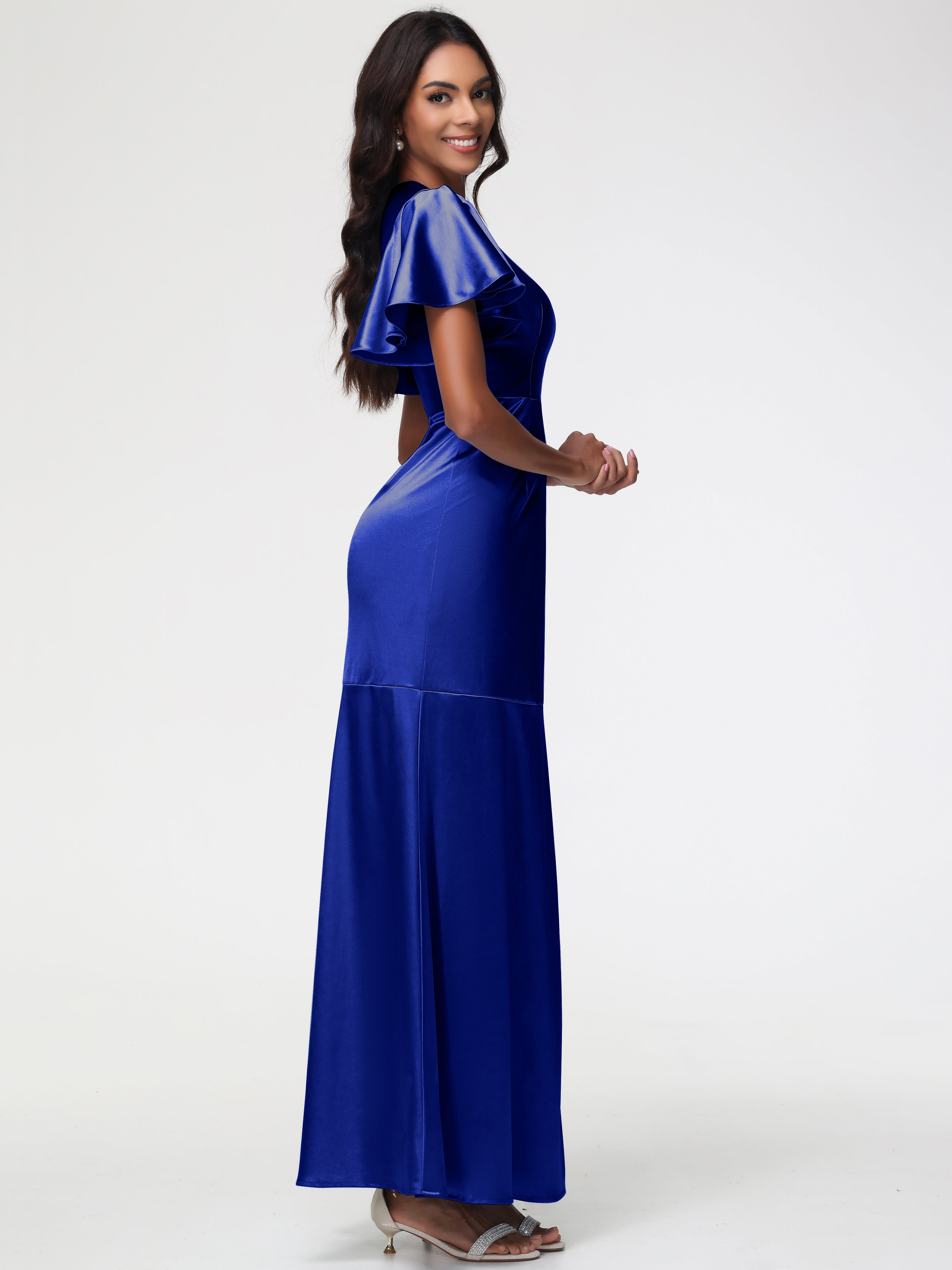 Robe De Demoiselle D Honneur Bleu Royal Col Rond Mancherons À Volants Satin Extensible Robe Fourreau Demoiselle D Honneur