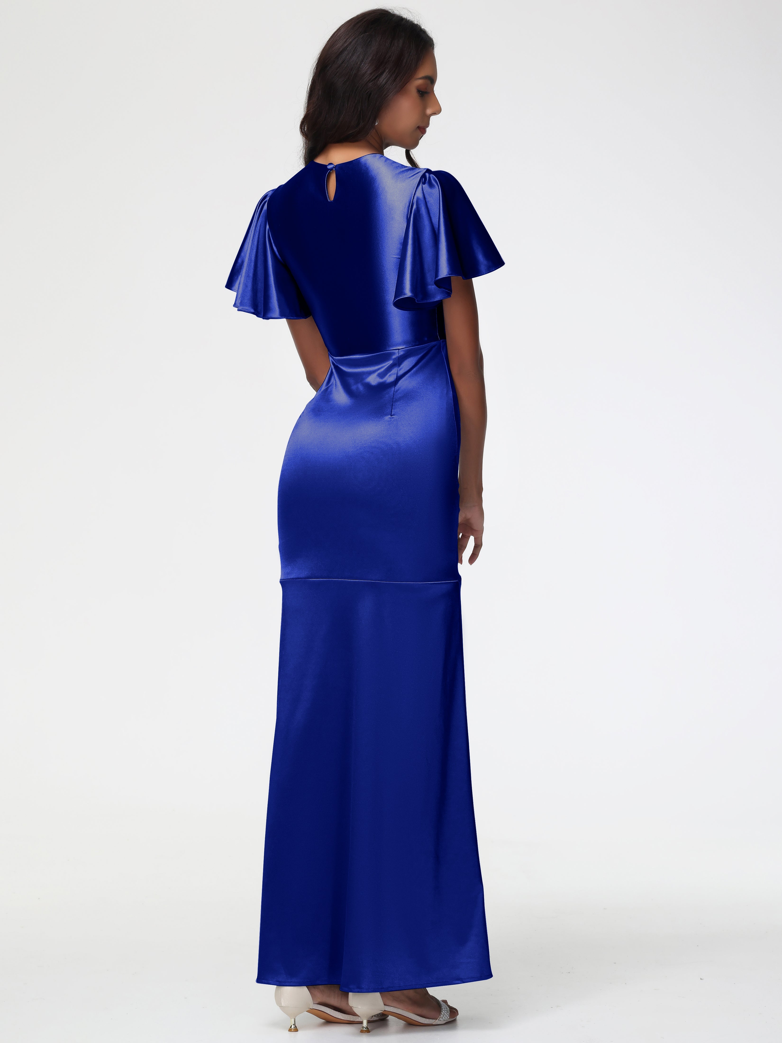 Robe De Demoiselle D Honneur Bleu Royal Col Rond Mancherons À Volants Satin Extensible Robe Fourreau Demoiselle D Honneur