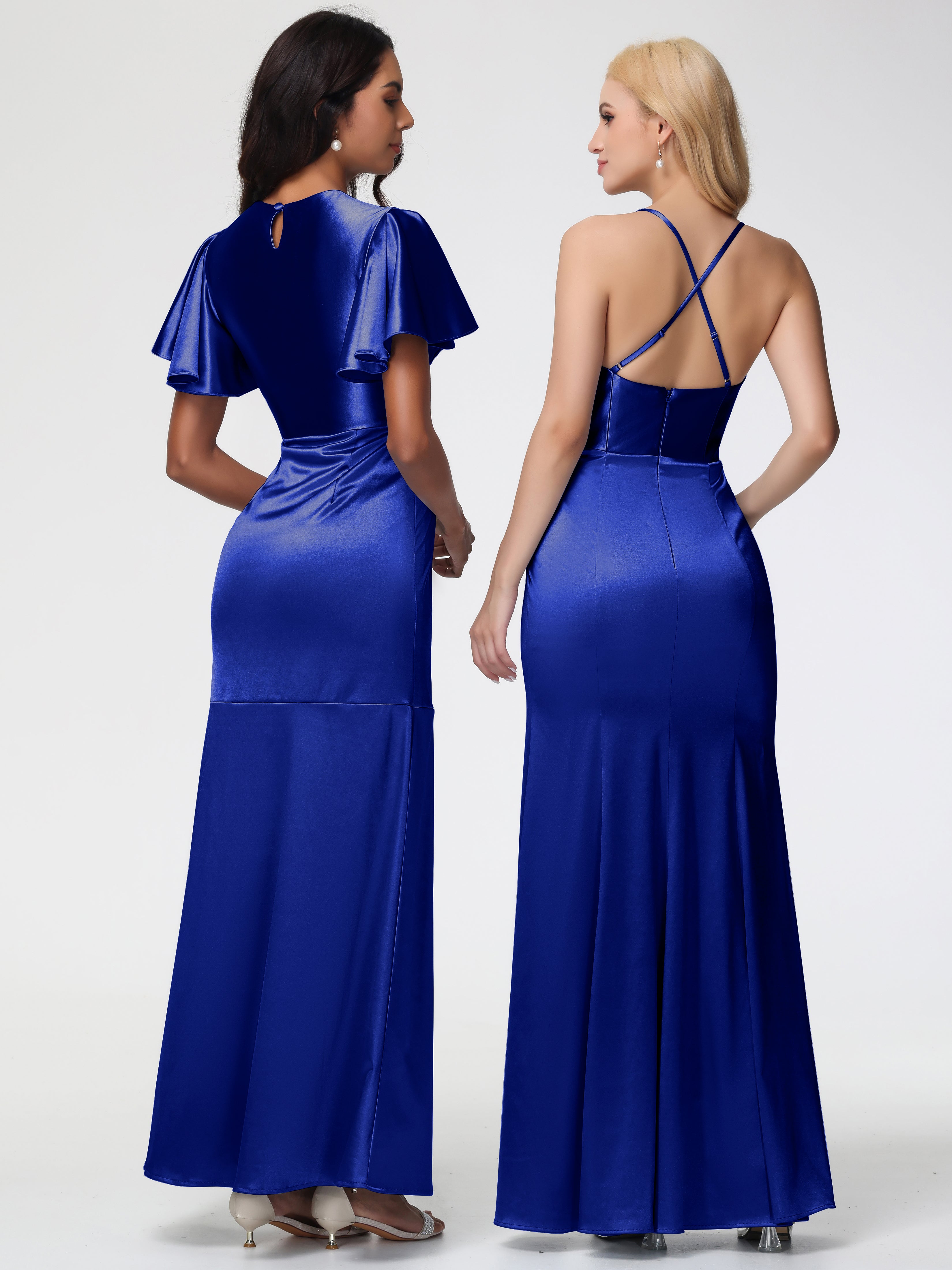 Robe De Demoiselle D Honneur Bleu Royal Col Rond Mancherons À Volants Satin Extensible Robe Fourreau Demoiselle D Honneur