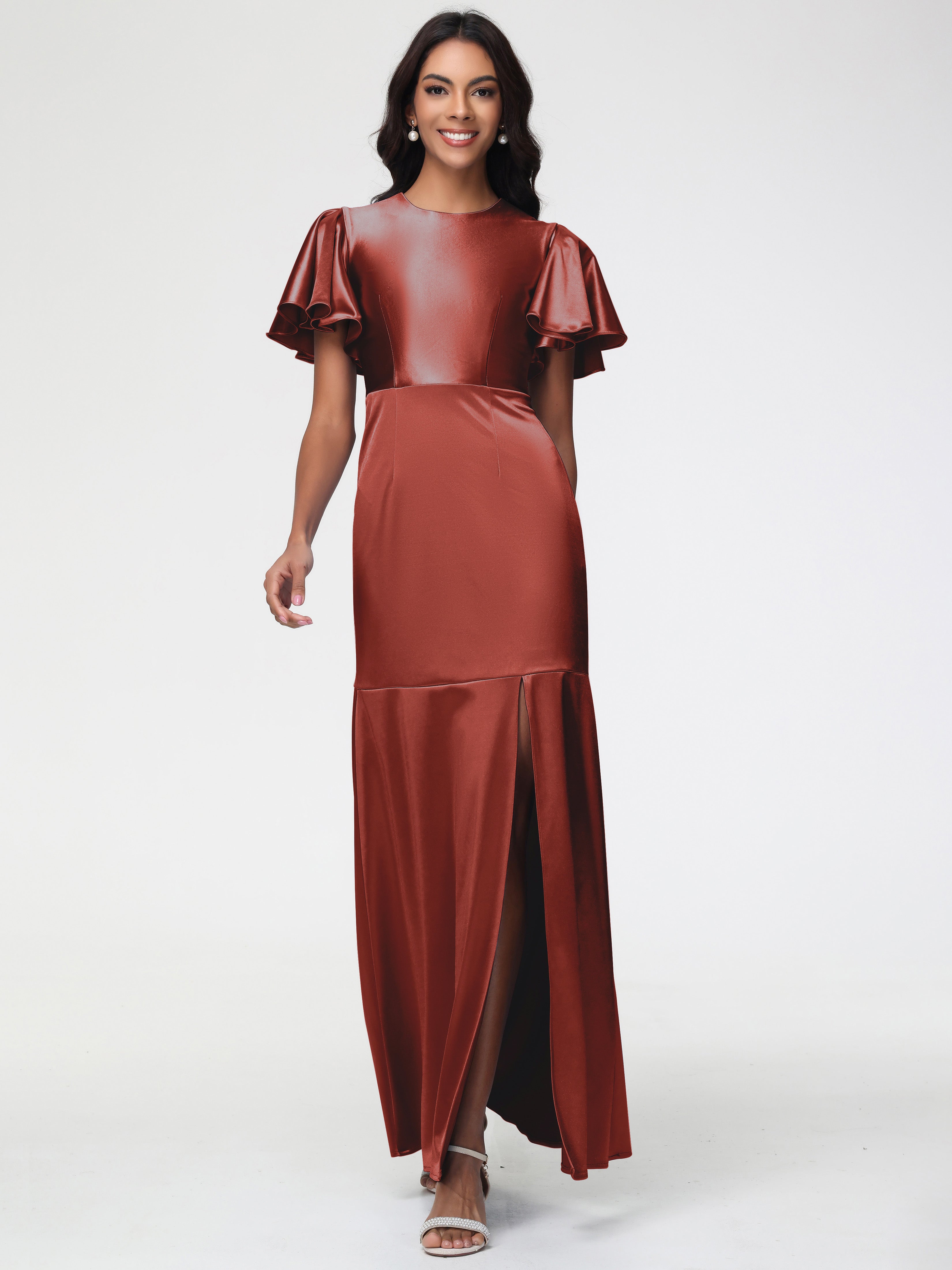 Robe De Demoiselle D'Honneur De Rouille Au Sol Col Rond Mancherons À Volants Satin Extensible Robe Fourreau Demoiselle D Honneur