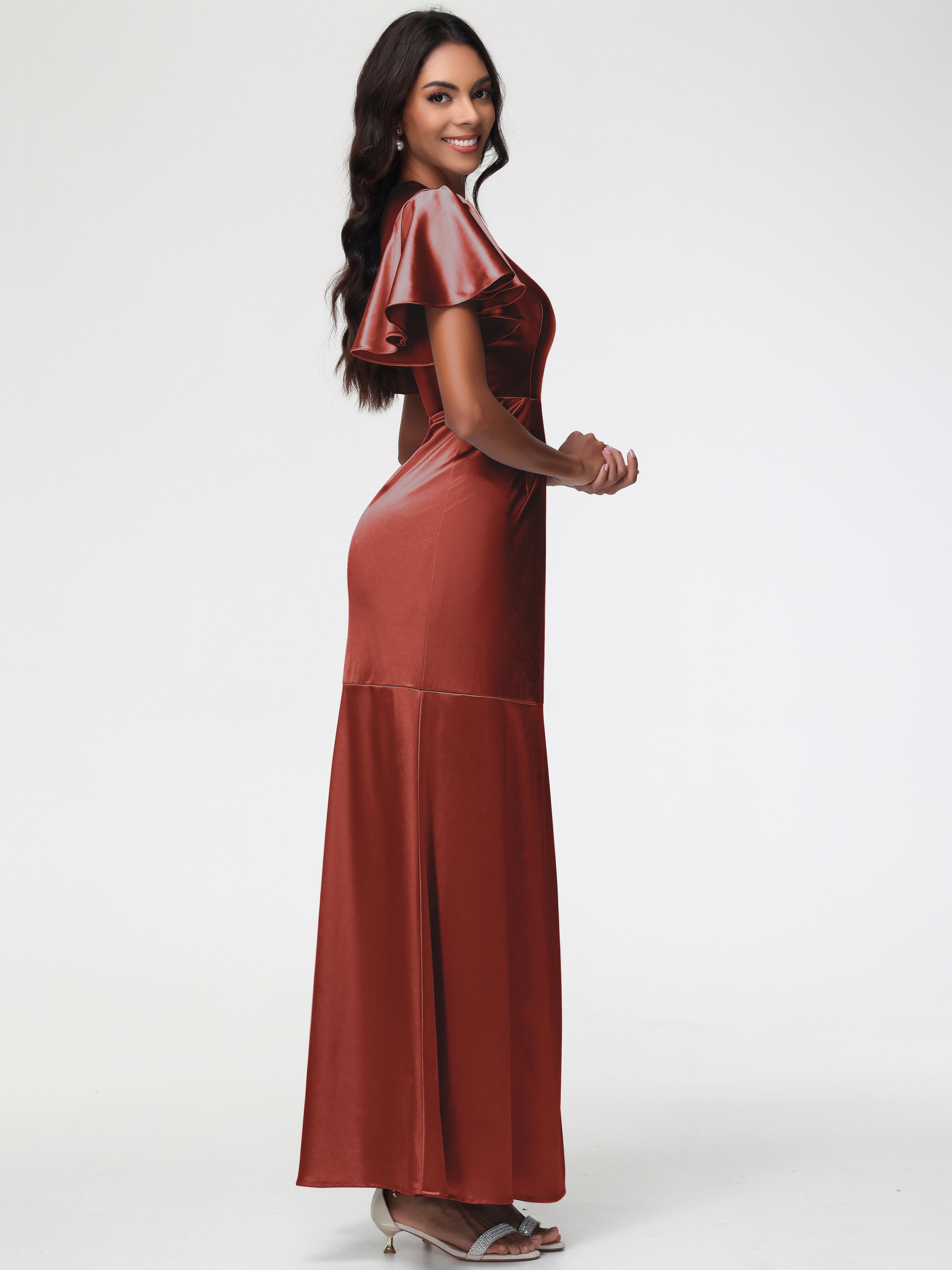 Robe De Demoiselle D'Honneur De Rouille Au Sol Col Rond Mancherons À Volants Satin Extensible Robe Fourreau Demoiselle D Honneur