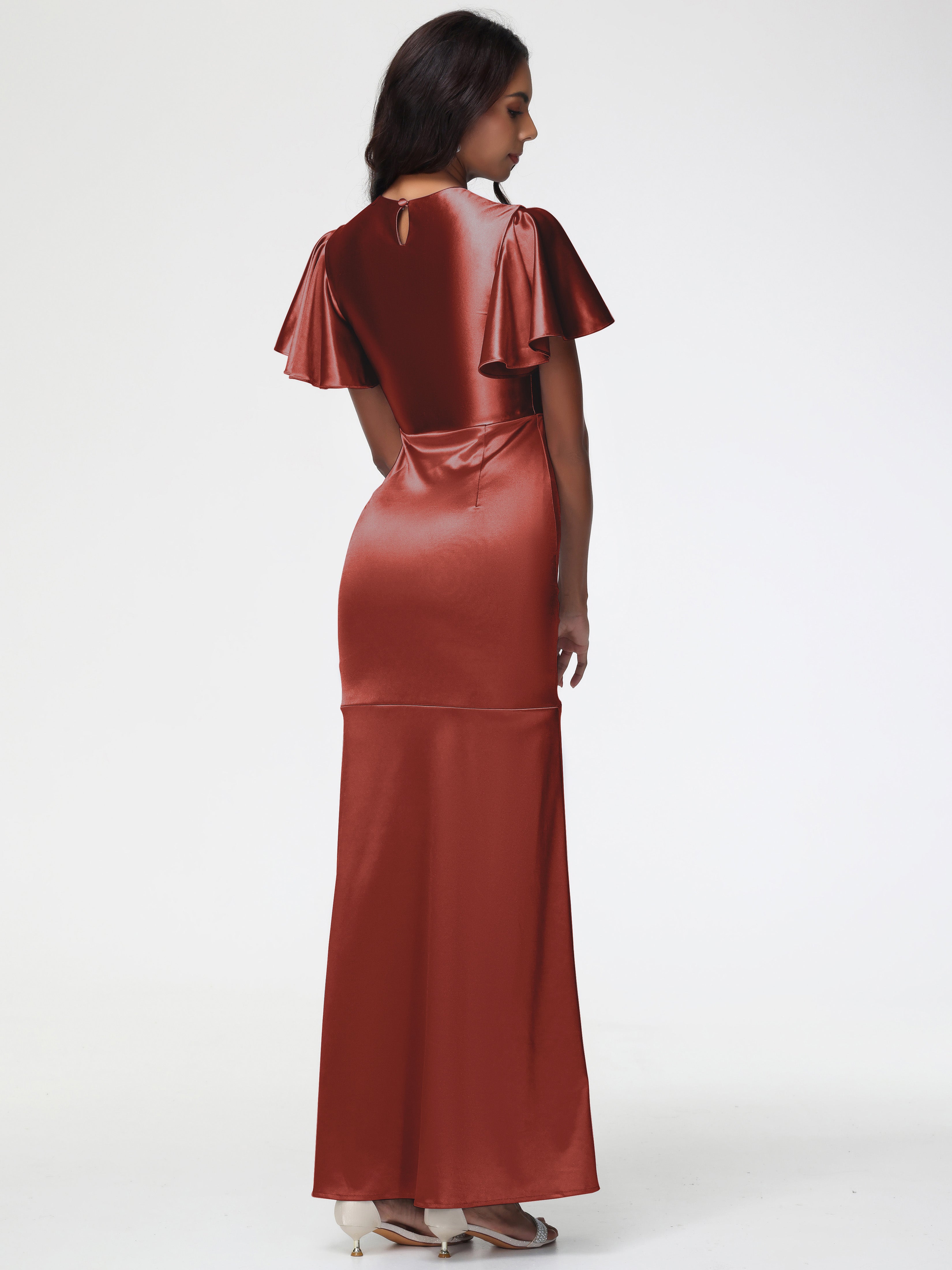 Robe De Demoiselle D'Honneur De Rouille Au Sol Col Rond Mancherons À Volants Satin Extensible Robe Fourreau Demoiselle D Honneur