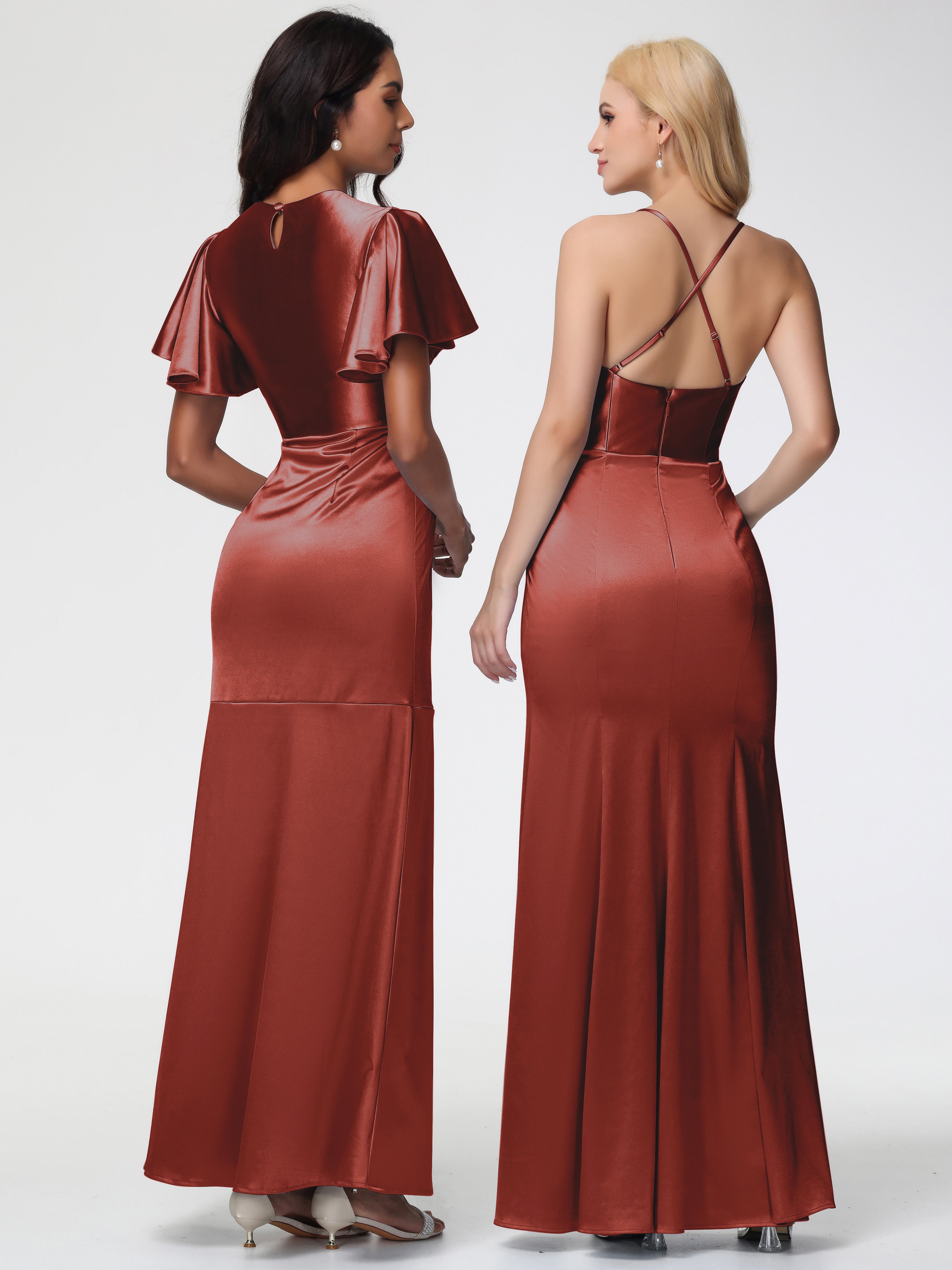 Robe De Demoiselle D'Honneur De Rouille Au Sol Col Rond Mancherons À Volants Satin Extensible Robe Fourreau Demoiselle D Honneur