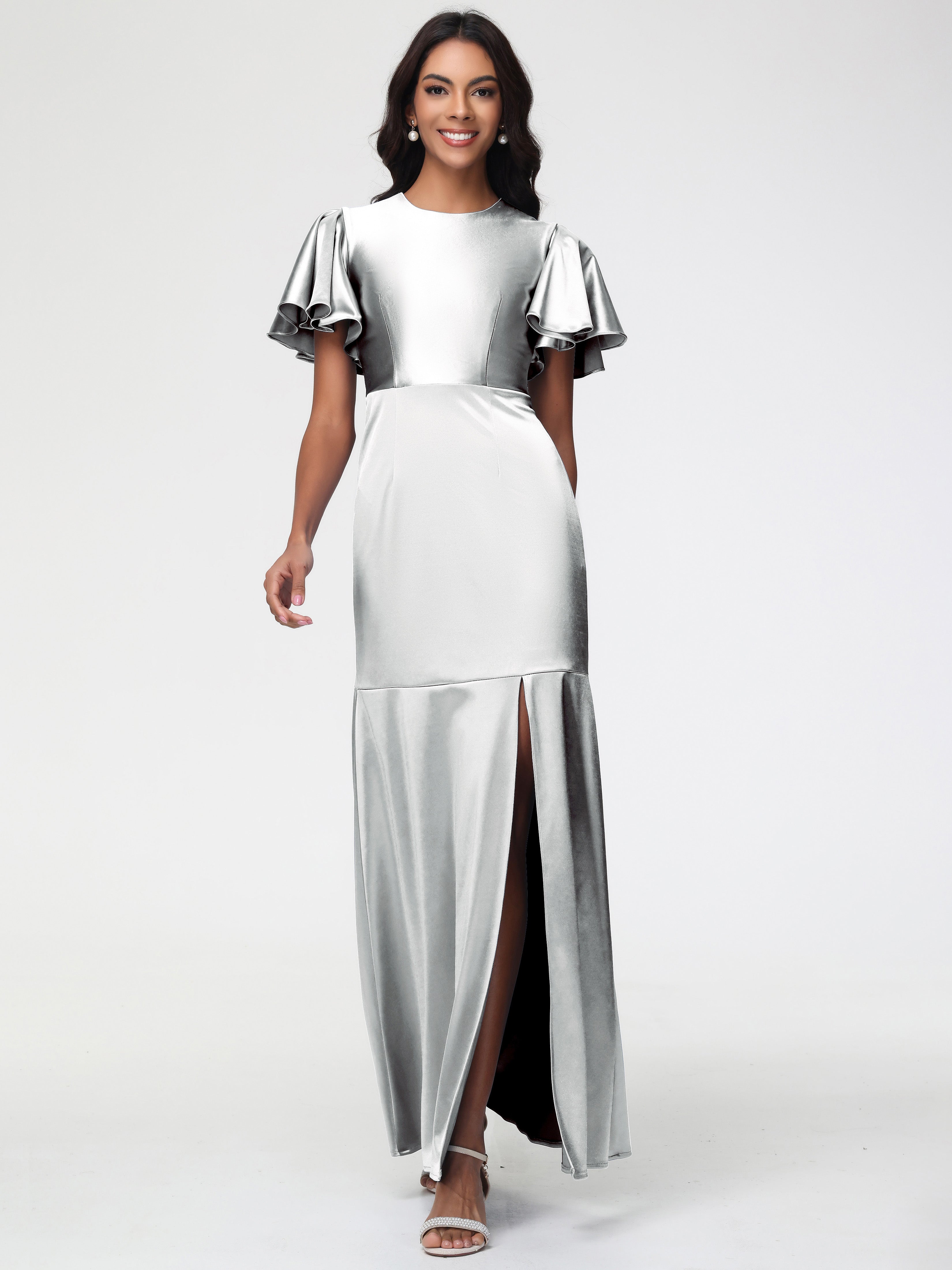 Robe Argentée Demoiselle D Honneur Col Rond Mancherons À Volants Satin Extensible Robe Fourreau Demoiselle D Honneur