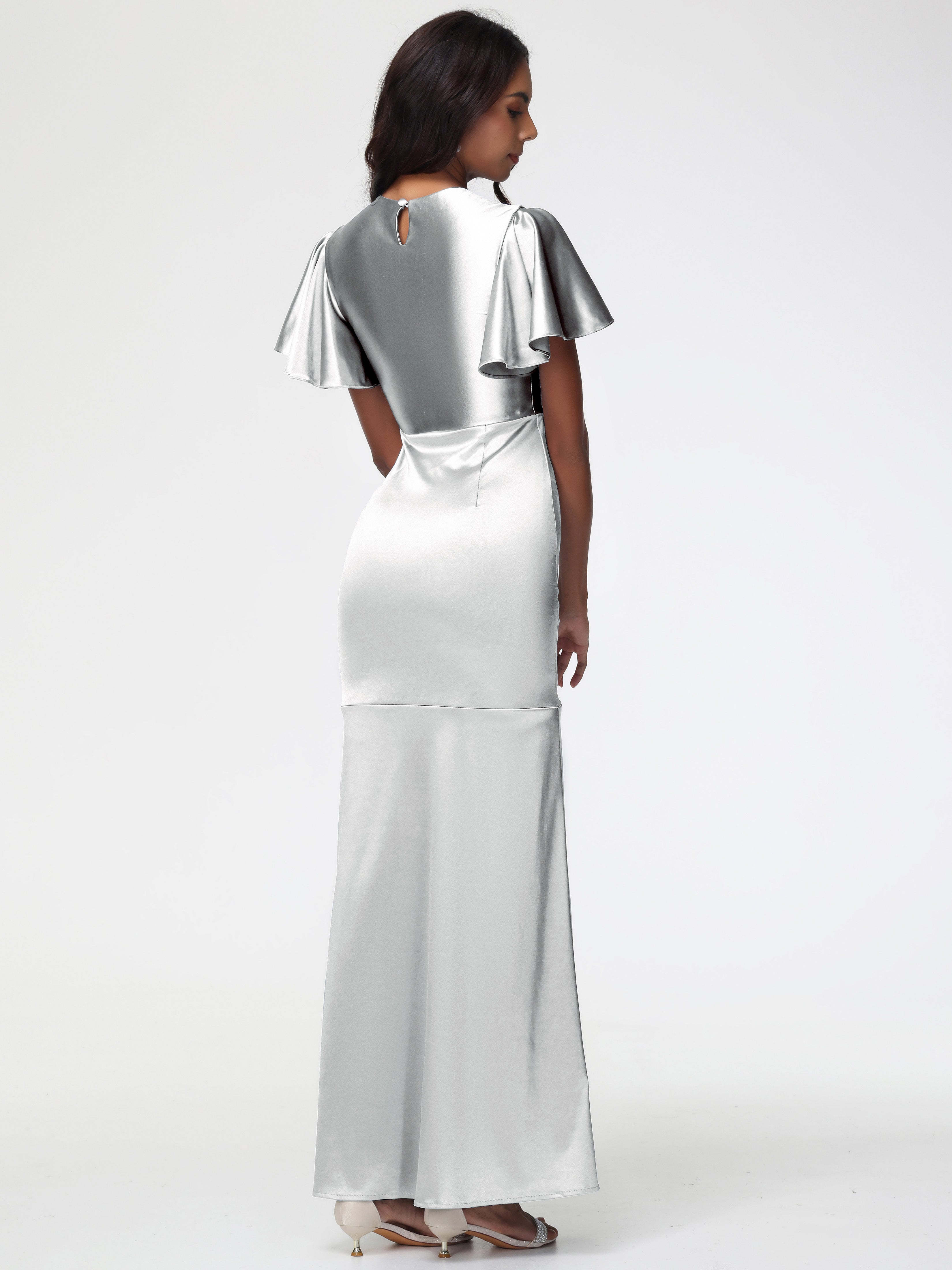 Robe Argentée Demoiselle D Honneur Col Rond Mancherons À Volants Satin Extensible Robe Fourreau Demoiselle D Honneur