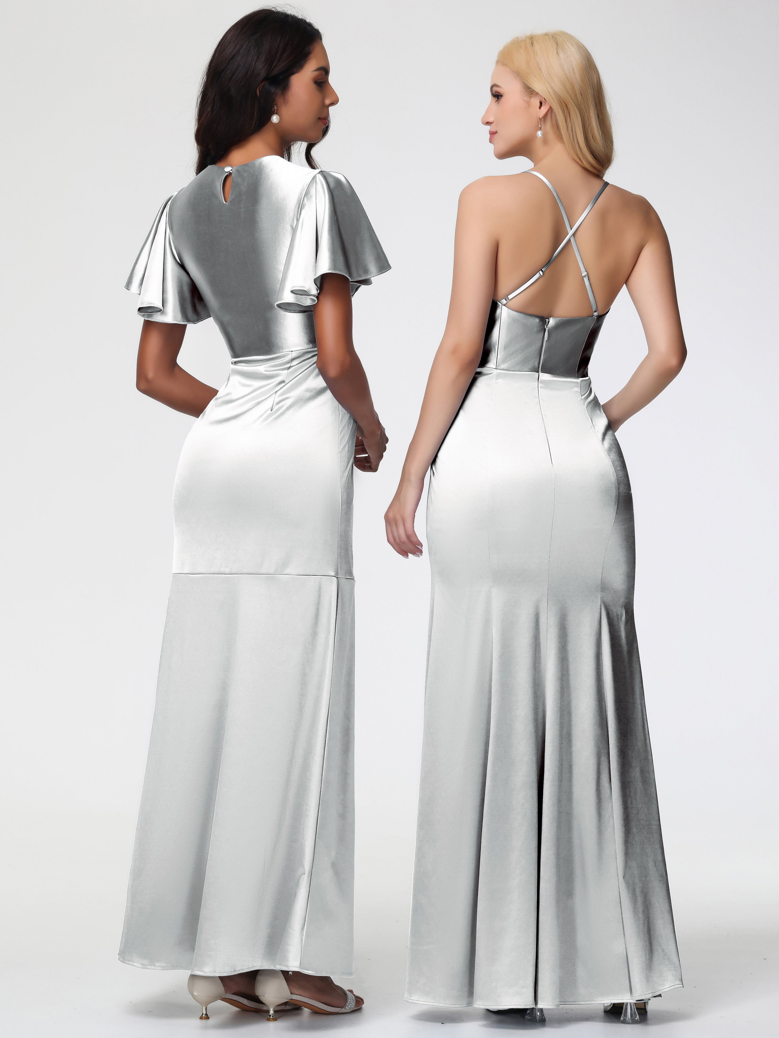 Robe Argentée Demoiselle D Honneur Col Rond Mancherons À Volants Satin Extensible Robe Fourreau Demoiselle D Honneur