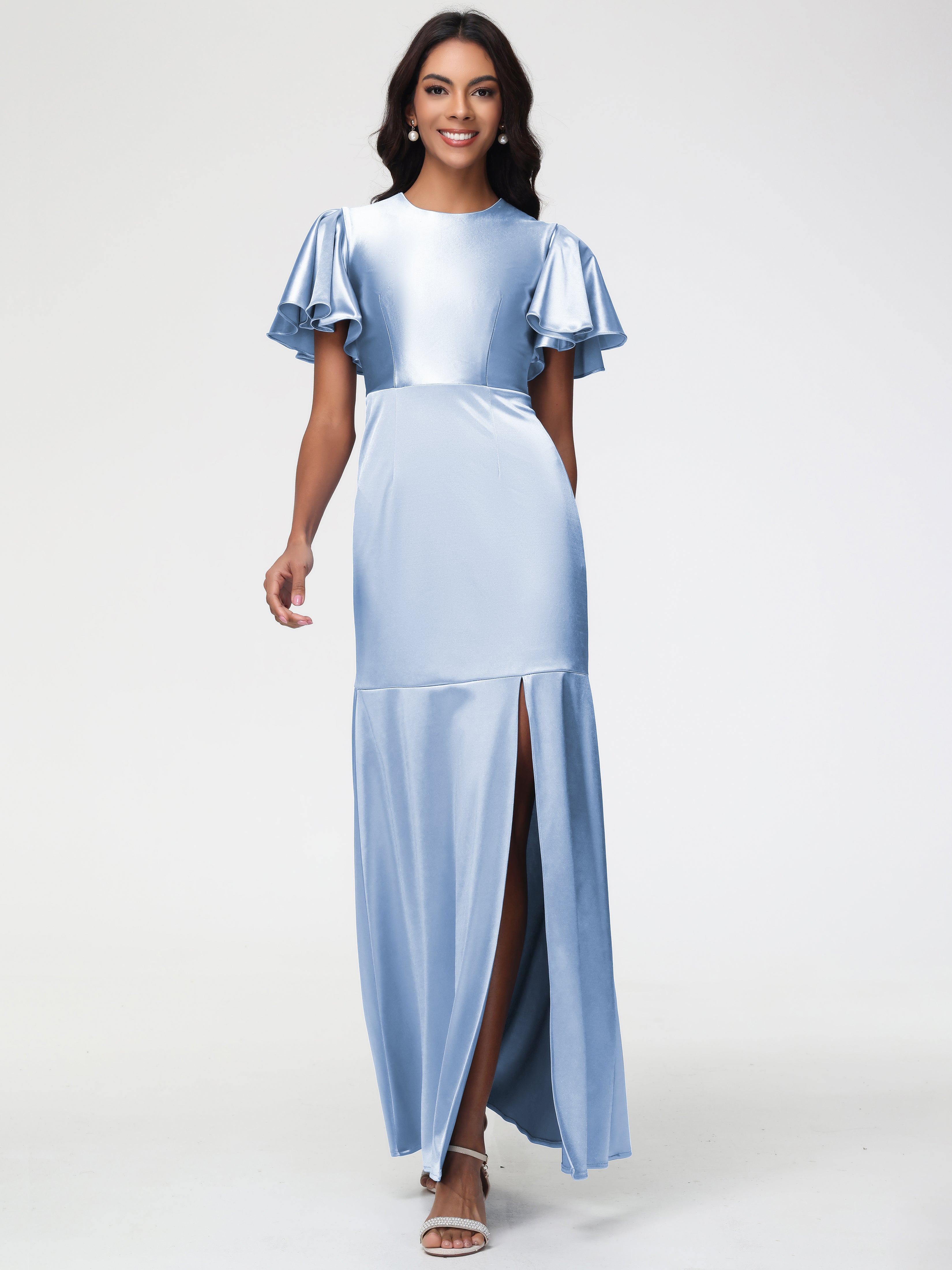 Demoiselle D Honneur Bleu Ciel Col Rond Mancherons À Volants Satin Extensible Robe Fourreau Demoiselle D Honneur