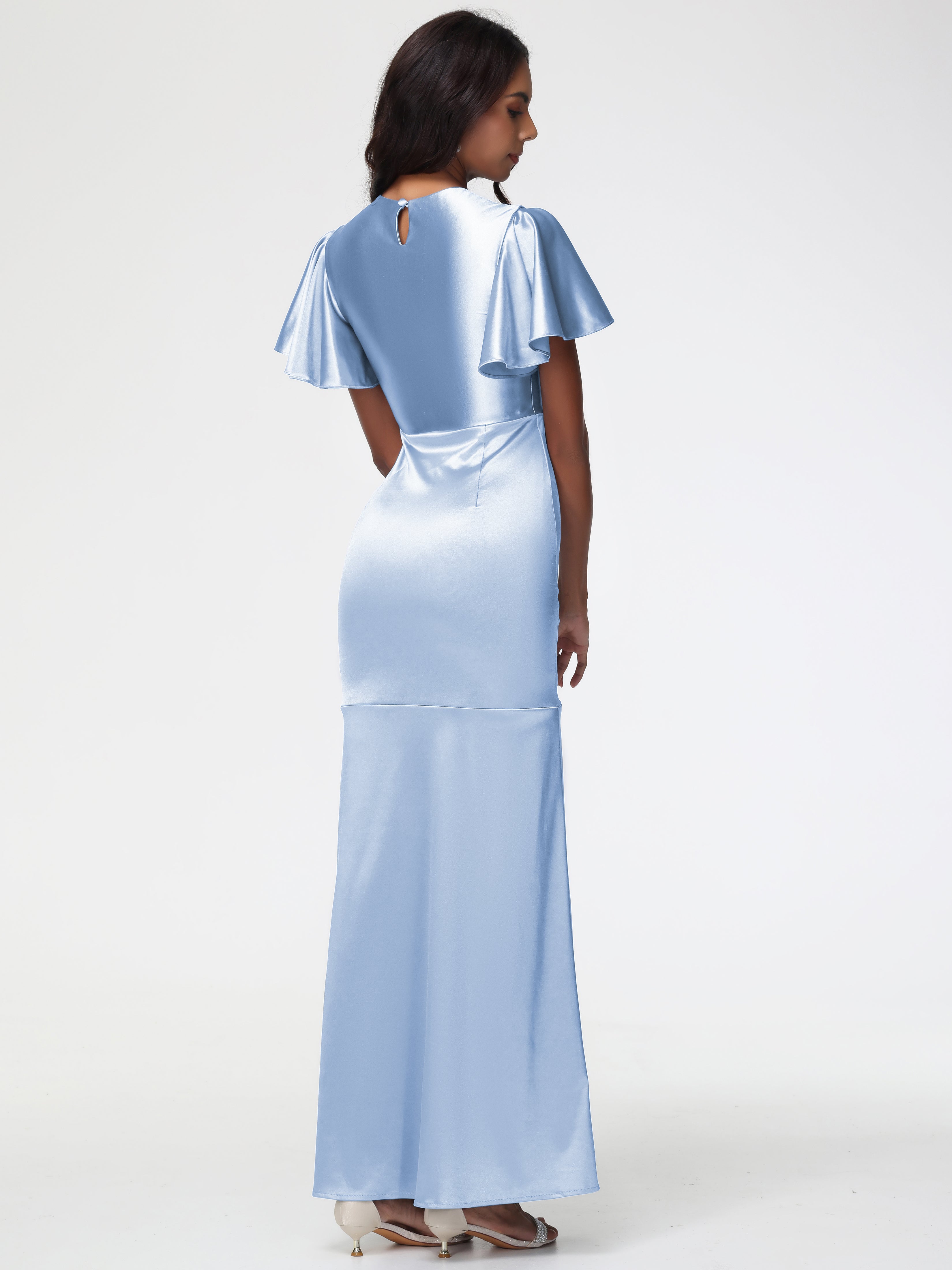 Demoiselle D Honneur Bleu Ciel Col Rond Mancherons À Volants Satin Extensible Robe Fourreau Demoiselle D Honneur